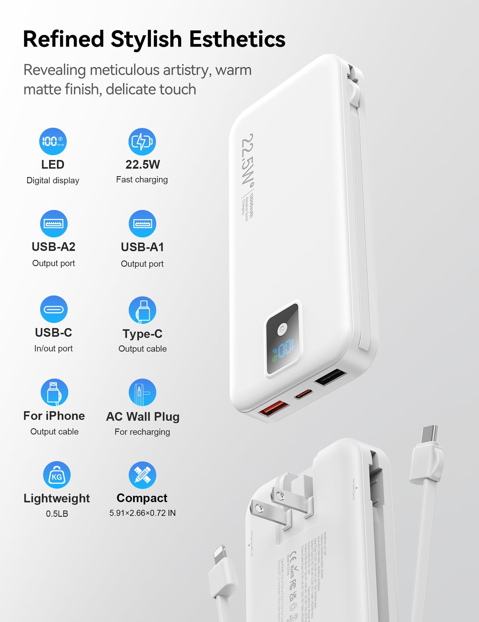 Banco de energía portátil, 12000 mAh, 22,5 W, cargador de teléfono de carga rápida con cables integrados y enchufe de pared, batería esencial de viaje con pantalla LED, banco de carga de batería USB C
