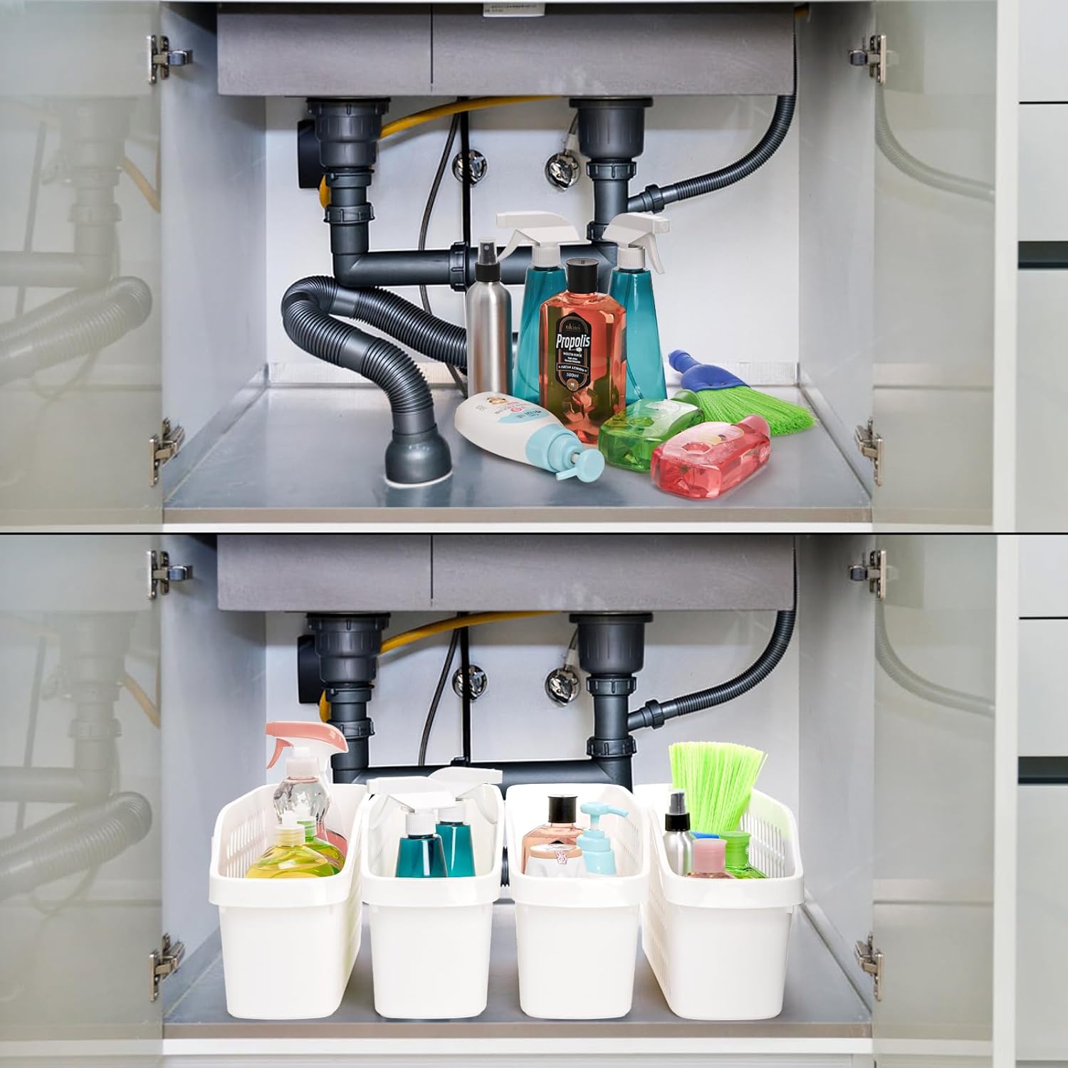 Coloch 4 Pack Plastic Under Sink Organizer with Wheels, Roll Out Bottle Organization Bins Narrow Kitchen Cabinet Organizers Multifunctional Plastic Organizer Basket for Under Sink, Kitchen, Bathroom