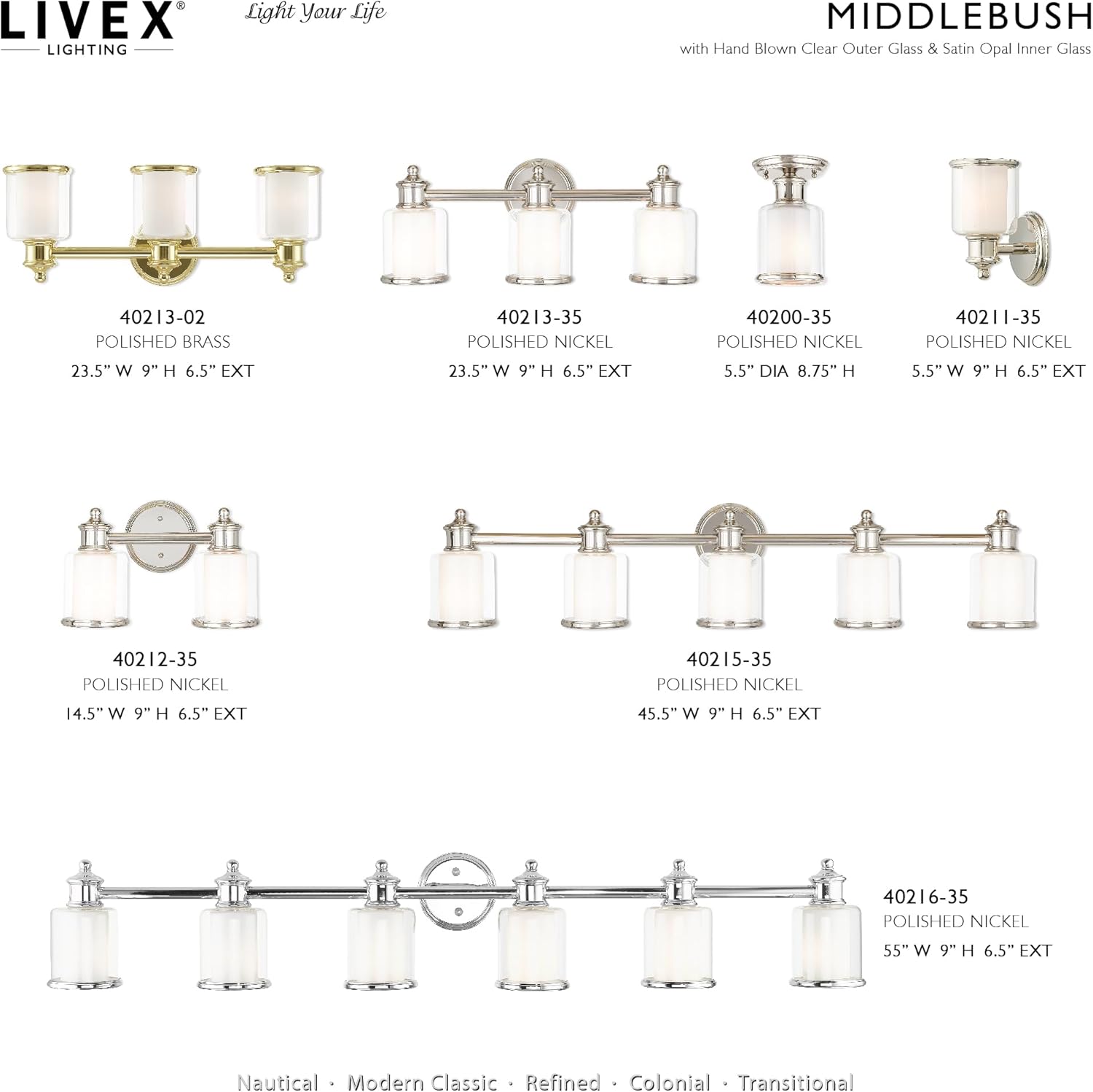 Livex Lighting 40212-35 Transitional Two Light Bath Vanity from Middlebush Collection in Polished Nickel Finish 14.5 x 6.5 x 9