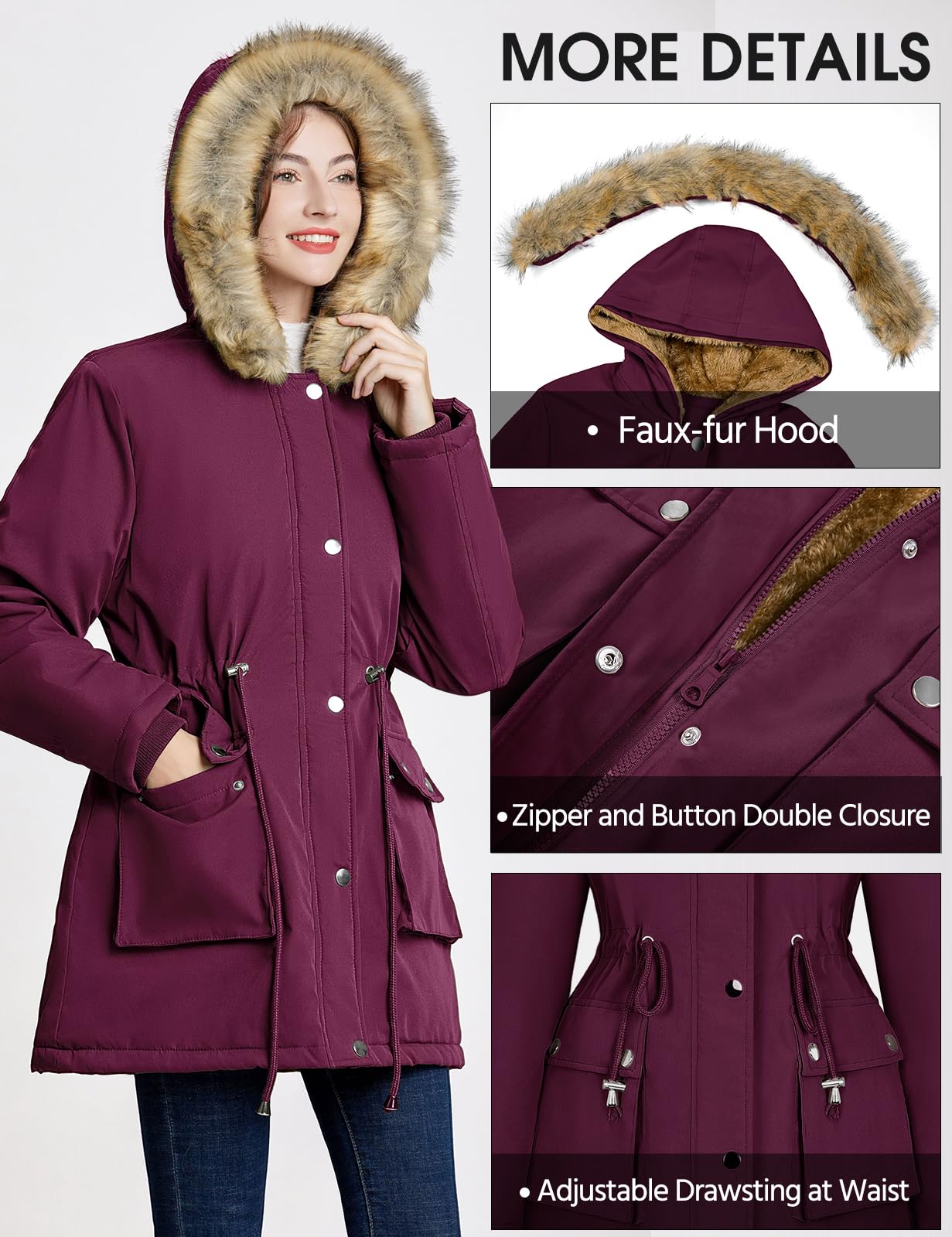 Lonya Cappotto Donna Invernale Parka Elegante Giubbotto Idrorepellente Trench Cappotti Lungo Giacca con Cappuccio