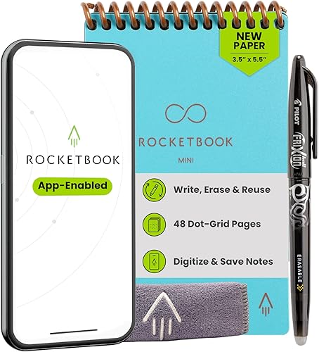 Miniatura 12 de Rocketbook Mini Bloc de notas inteligente reutilizable, cuaderno de bolsillo para llevar, 3.5"x5.5", negro (paquete de 1) Negro -,Gris,Azul