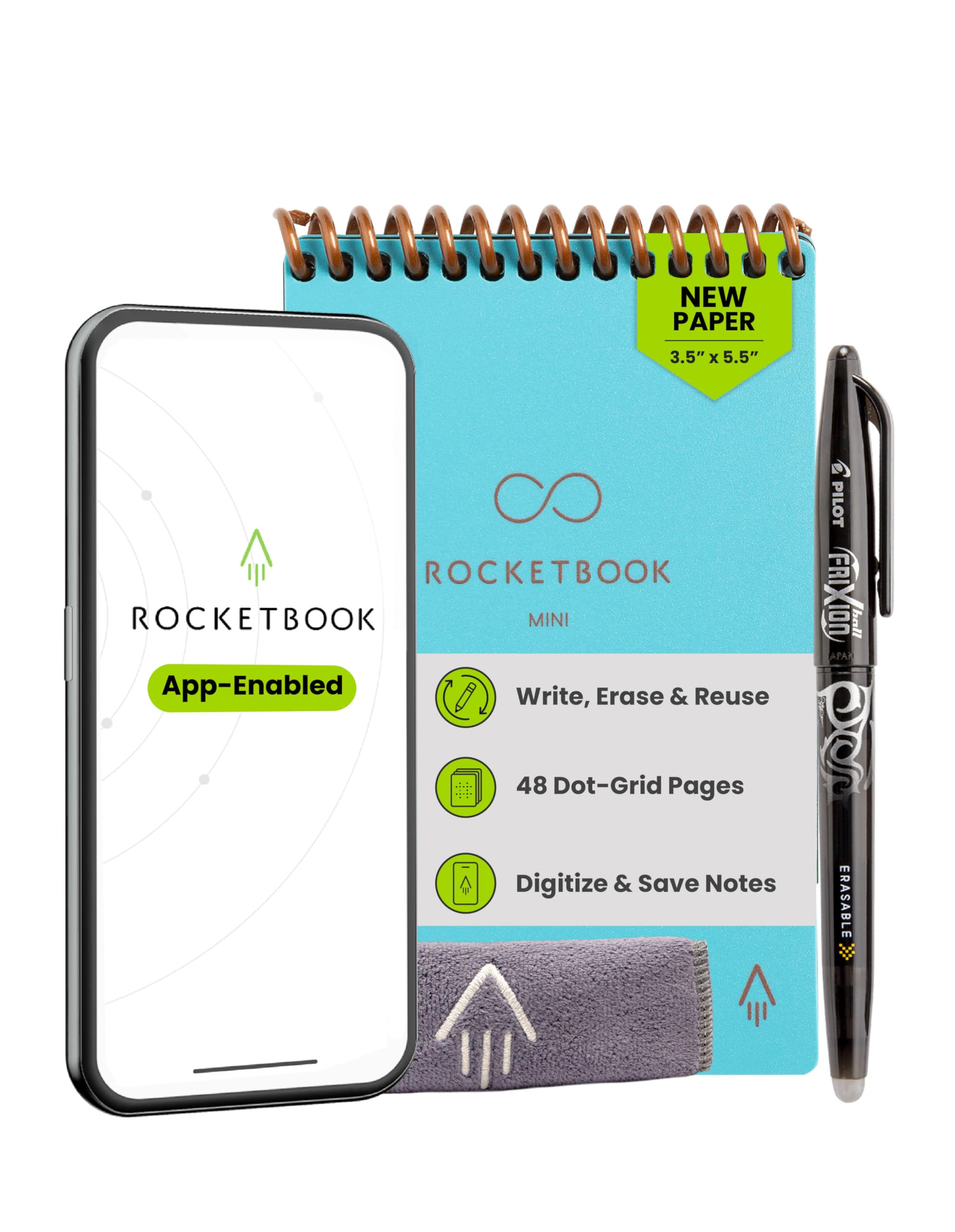Rocketbook New Mini Reusable Smart Notepad, Pocket Size Notebook 3.5x5.5, Teal - Dotted Pages, App-Connected, Erasable, Ideal for On-The-Go List Taking & Quick Notes Anywhere