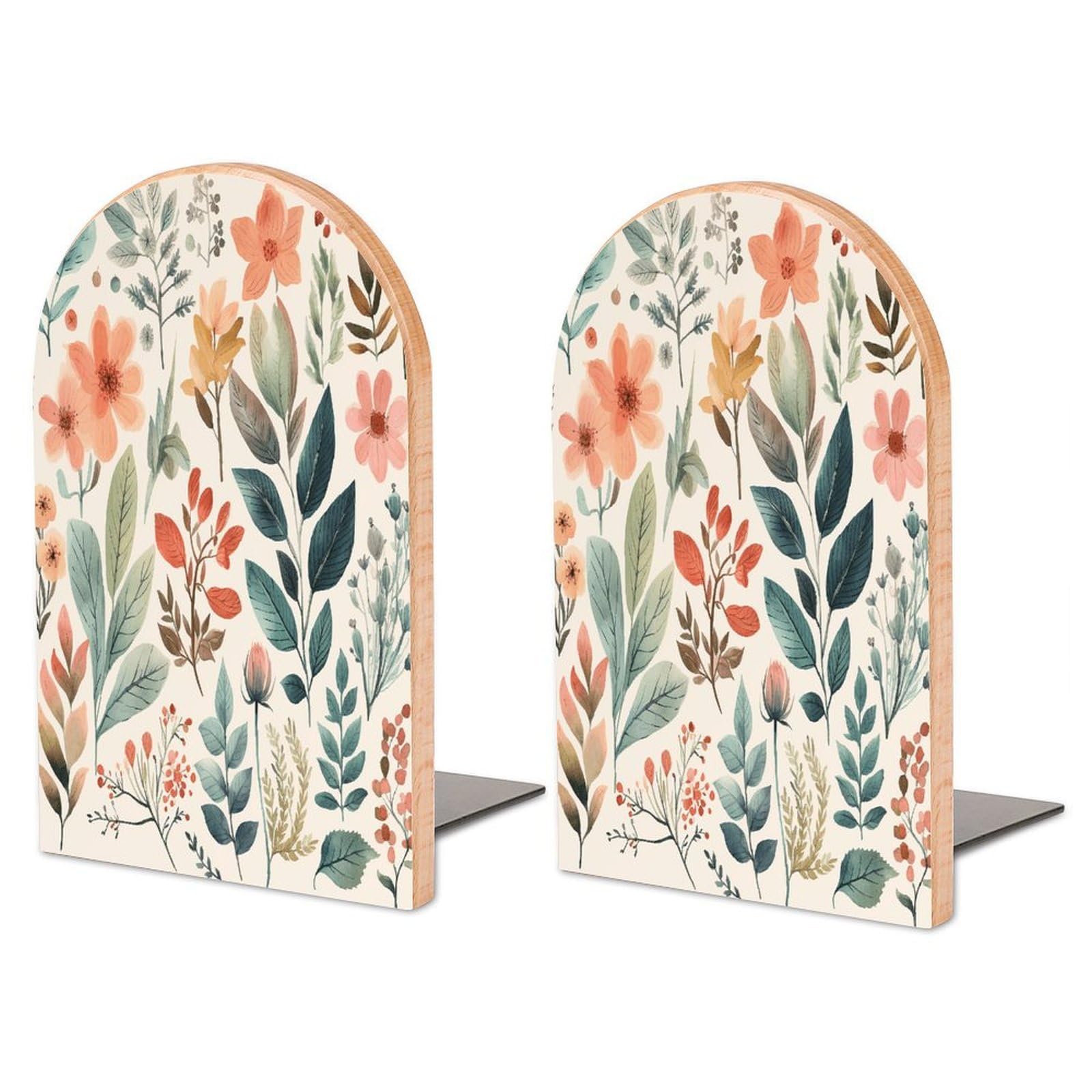 Sujetalibros de madera con flores de acuarela decorativo y base de metal estable para estanterías
