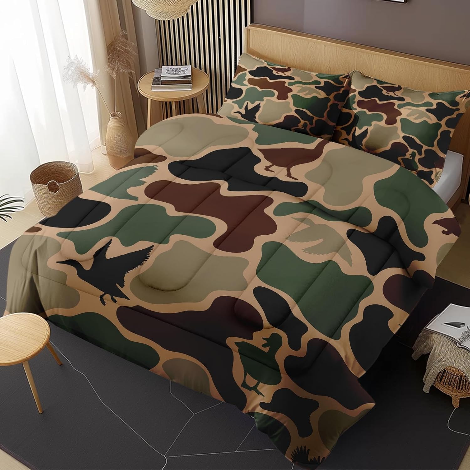 Comforter Set with 2 Pillowcases Full Size, Duck Hunter Camouflage Hunting Birds, Bedding Decor Green Military Army Camo for Kids and Adults, Soft Cozy Bedroom Bed Set - Image 2