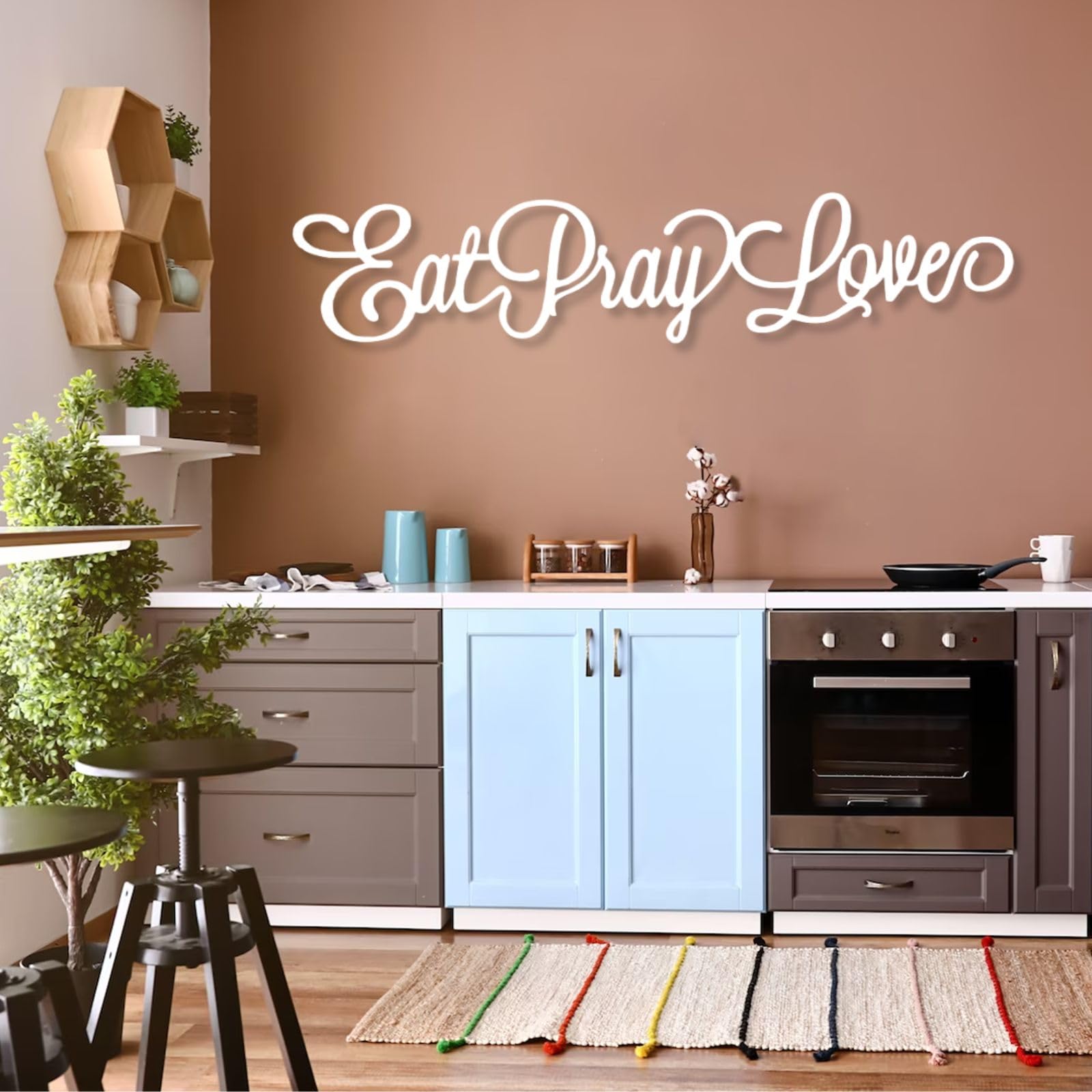 Decorazione murale in Metallo, Arte murale, Parole Eat Pray Love, Scritta Kitchen Word, insegna per Cucina, 41"X9" (105X22 cm), Oro.