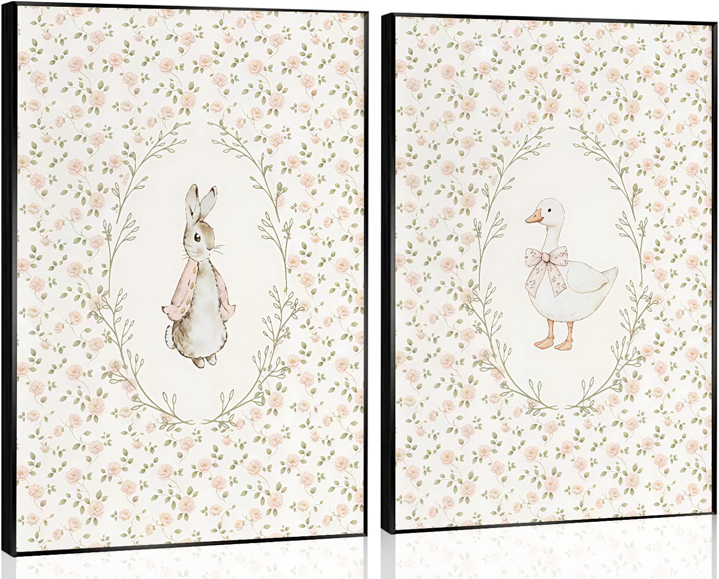 2Pcs Vintage Nursery Animal Wall Art Cute Bunny and Silly Goose Canvas Wall Decor Pink Floral Animal Paintings Prints Posters for Baby Kids Bedroom Farmhouse Girl's Room Decor 12x16in Unframed