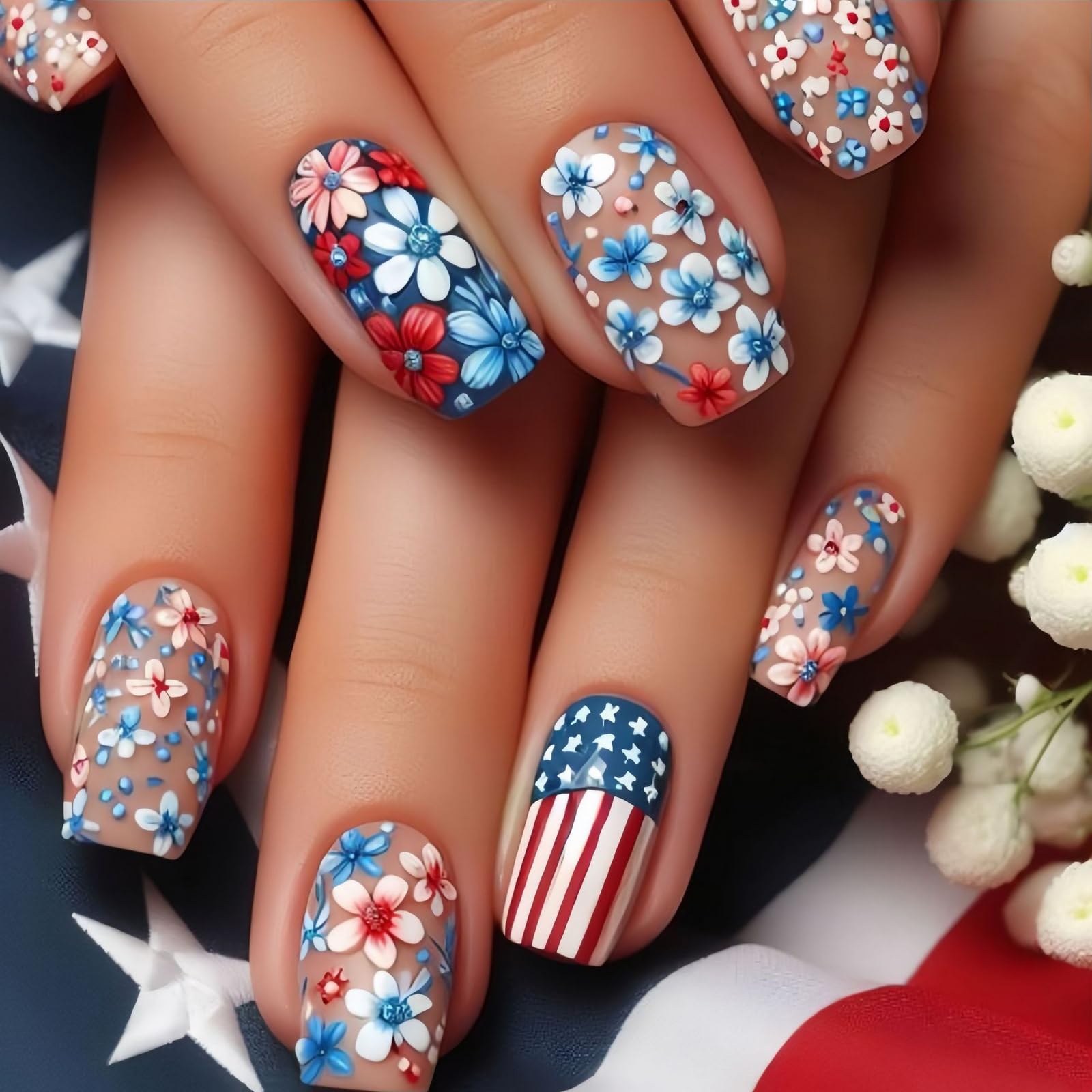 24Pcs 4th of July Square Press on Nails Medium Long Fake Nails Independence Day False Nails with Colorful Flower Pattern Design American Flag Nails