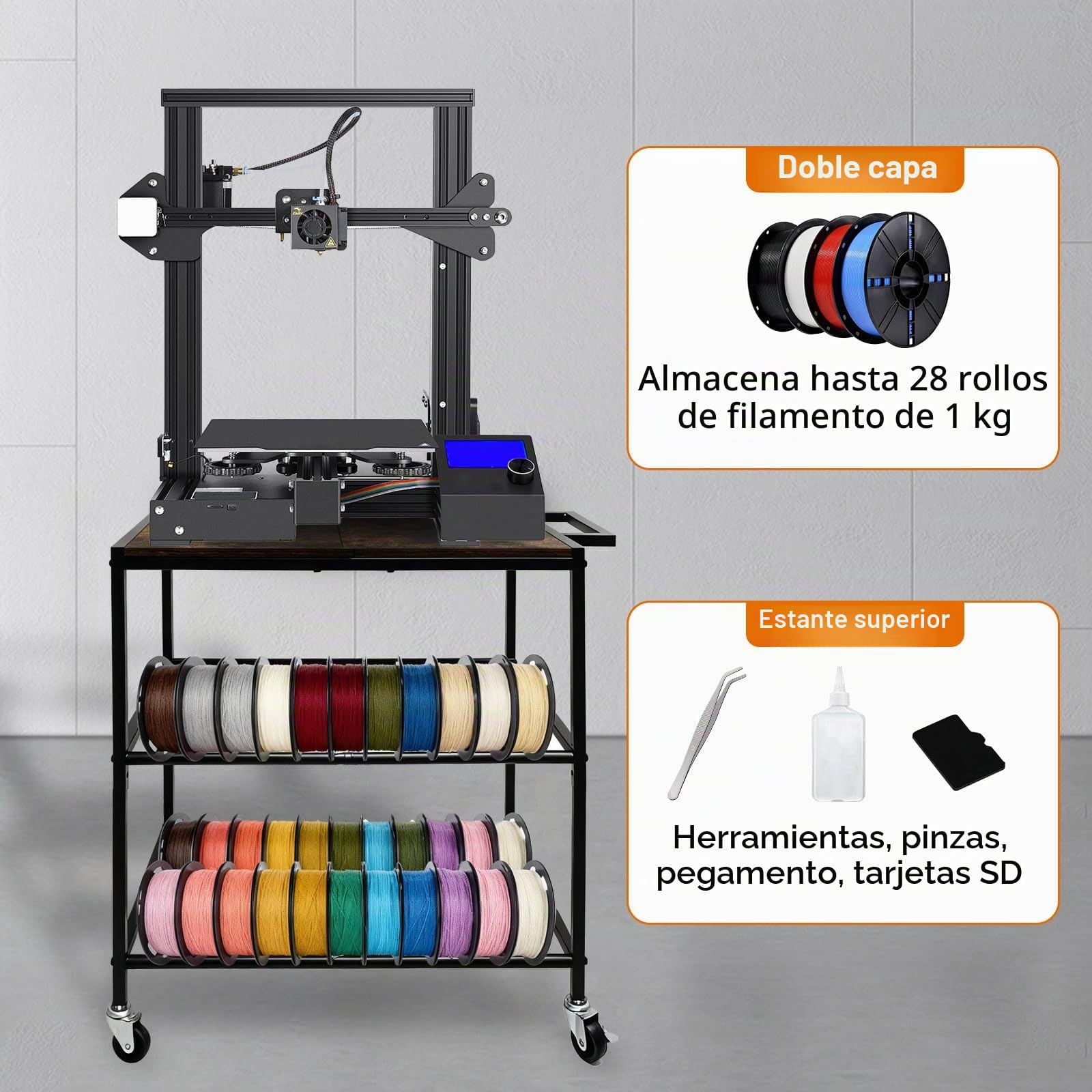Estantería de almacenamiento de filamentos para impresora 3D con ruedas, estantería para impresora móvil, estante de almacenamiento, soporte de bobina pesado, 3 niveles, accesorios de impresora