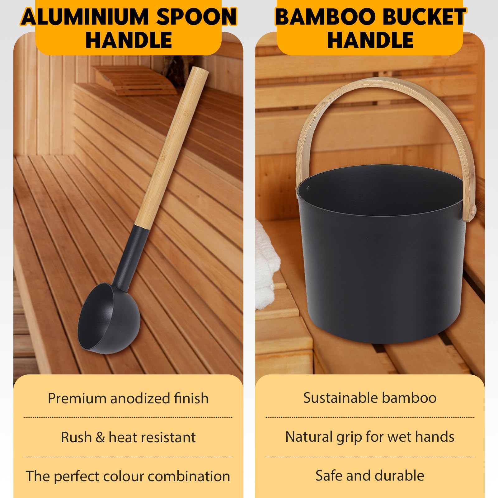 Saunakübel Set, 7L Aluminium Sauna Eimer mit Sanduhr, Saunaschale, Saunakelle, Thermo & Hygrometer, Sauna Zubehör Set Aufgusseimer Set für Badezimmer und Hotelbadewanne