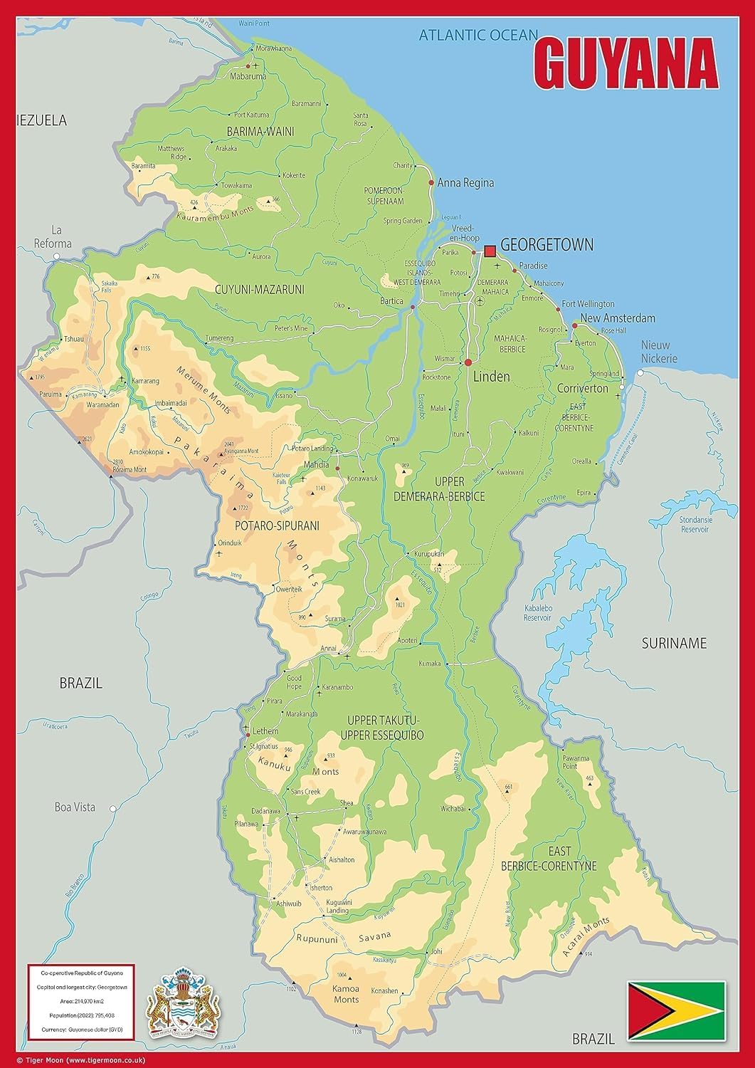 Guyana Physical Map - 23.3 x 16.5 Inches - Paper Laminated