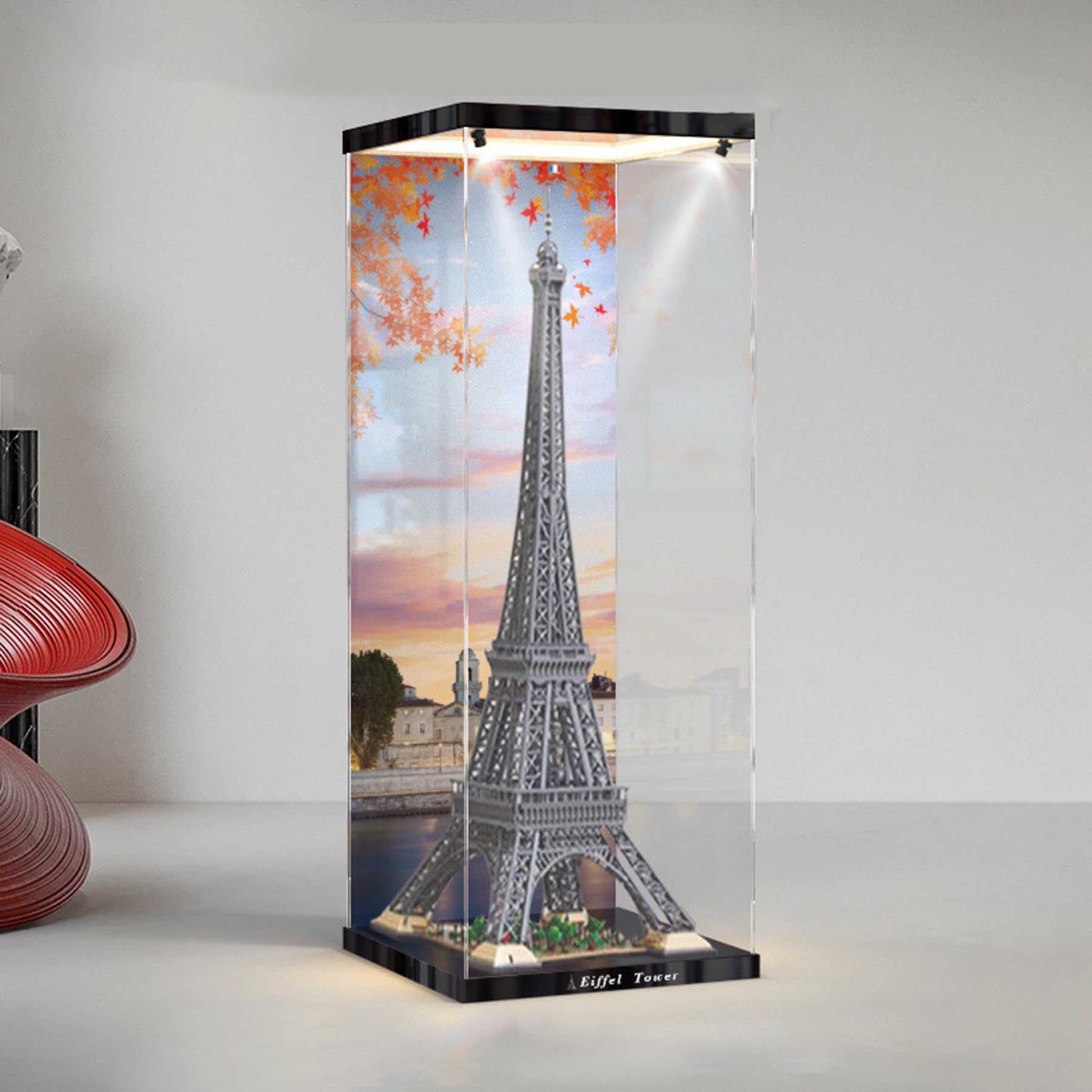 XNSHENGXAN Applicable to Lego 10307 Paris Eiffel Tower 3MM Acrylic Display Box(23.6 * 23.6 * 61in), Display Cases for Collectibles, Sturdy Protection for Your Collectible,Background + Light