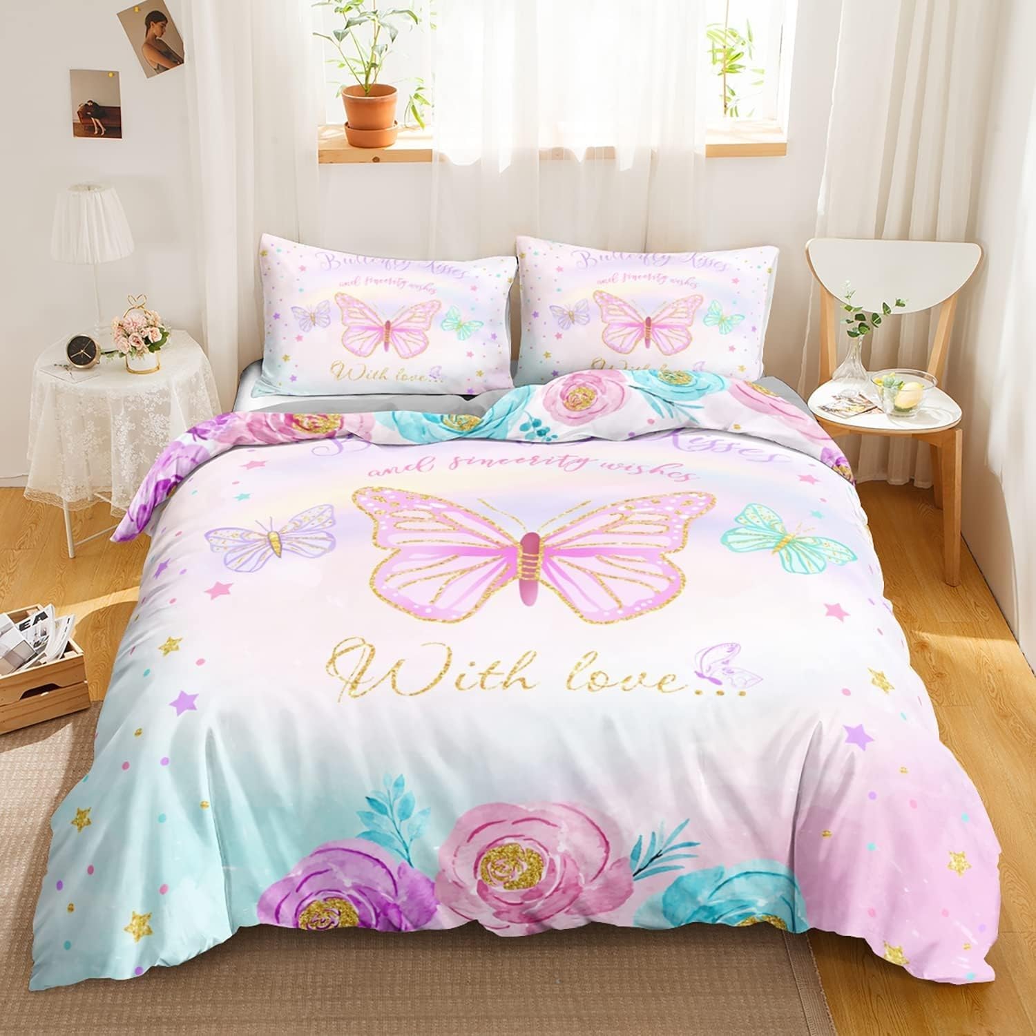 Housse de couette papillon 260x220 anti-glissement avec 2 taies d'oreiller