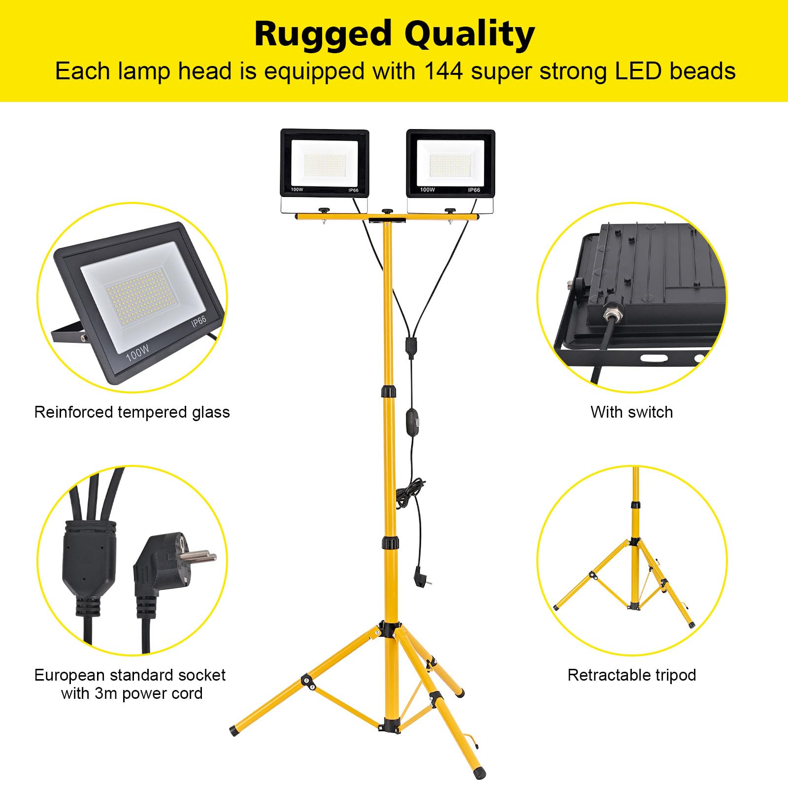 Faretto da Cantiere com Treppiede Telescopico 200W, 20000LM 6500K Faro LED da Cantiere Portatile, 6500K Faretto da Cantiere con Cavo 3m, Rotazione 360°, IP66 Impermeabile Lampada da Lavoro