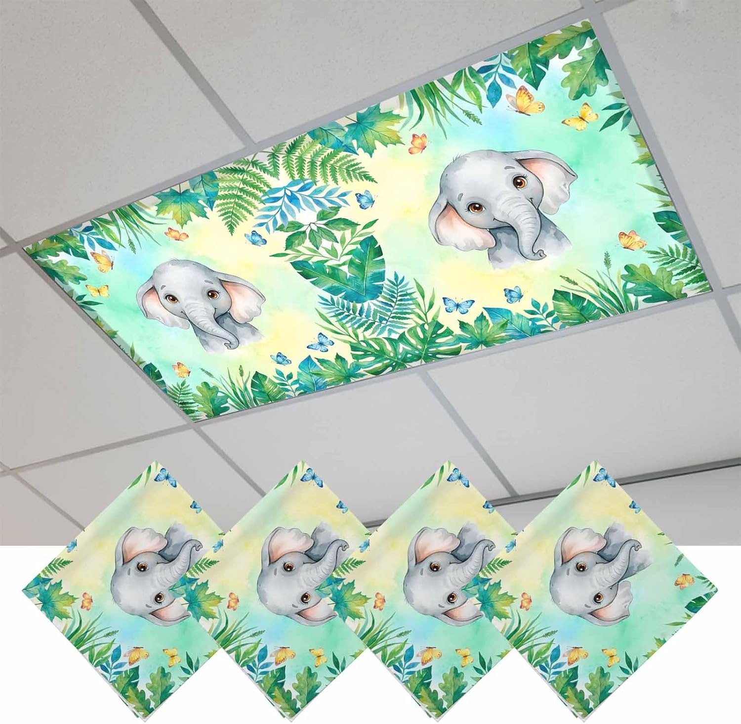 Cartoon Elephant Fluorescent Light Covers for Ceiling Lights 4x2 feet,4 Pack Magnetic Light Filters for Classroom,Summer Butterfly Fern Tropical Palm Plants Fluorescent Lamp Shade Panel for Office