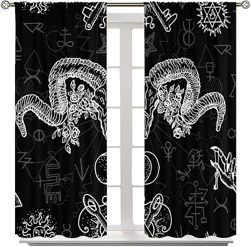 Vista 92 de Cortinas de cabeza de cabra, misteriosa cabeza de cabra malvada, calavera negra, bolsillo para barra, cortinas opacas para ventana, juego de 2