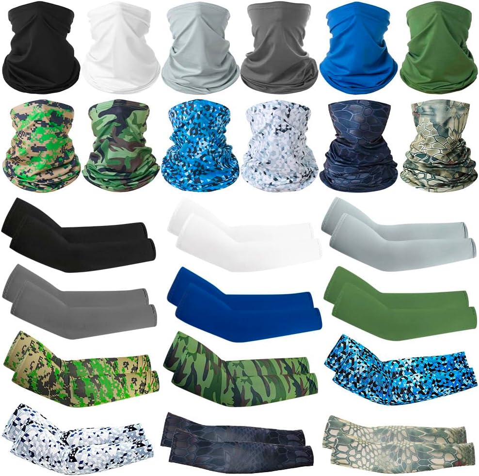 12 Sets UV Sun Protection Face Covering Cooling Neck Gaiter and Arm Sleeves Set for Men Women Fishing Camping Hiking Hunting
