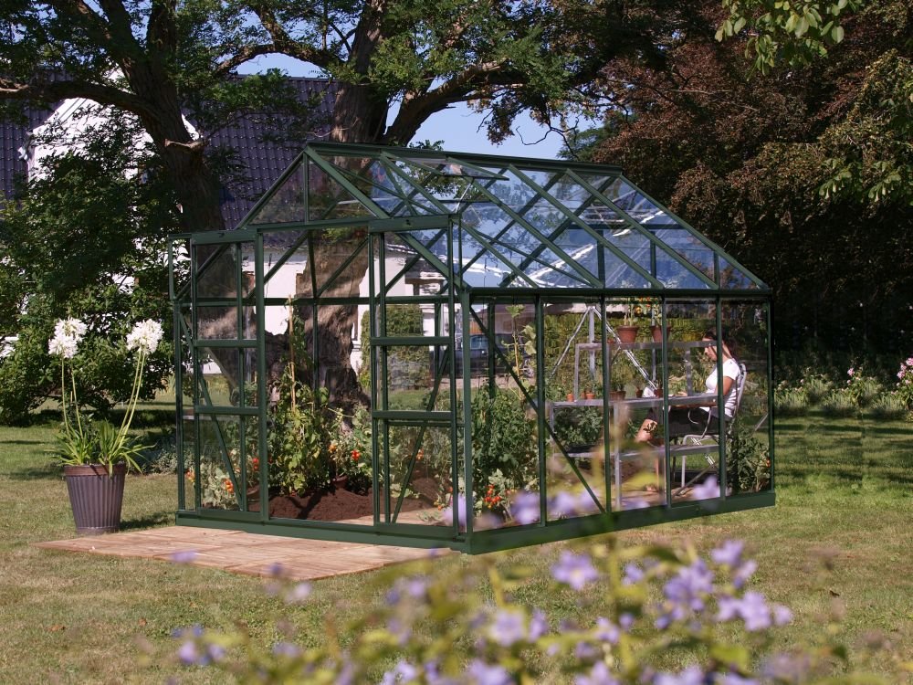 Vitavia Gewächshaus Uranus - Ausführung:8300 ESG 3 mm Grün, Fläche:ca. 8,3 m², Fenster:4, Maße:257 x 321 cm, Sockel:255 x 317 cm,