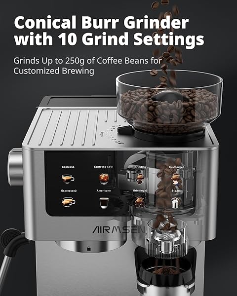 AIRMSEN Espresso Machines with Burr Grinder, 20 Bar, Milk Frother Steam Wand, Stainless Steel Coffee Maker for Home - Cappuccino Latte & ​​Cold Brew​​ Iced Coffee Maker & Americano - 3