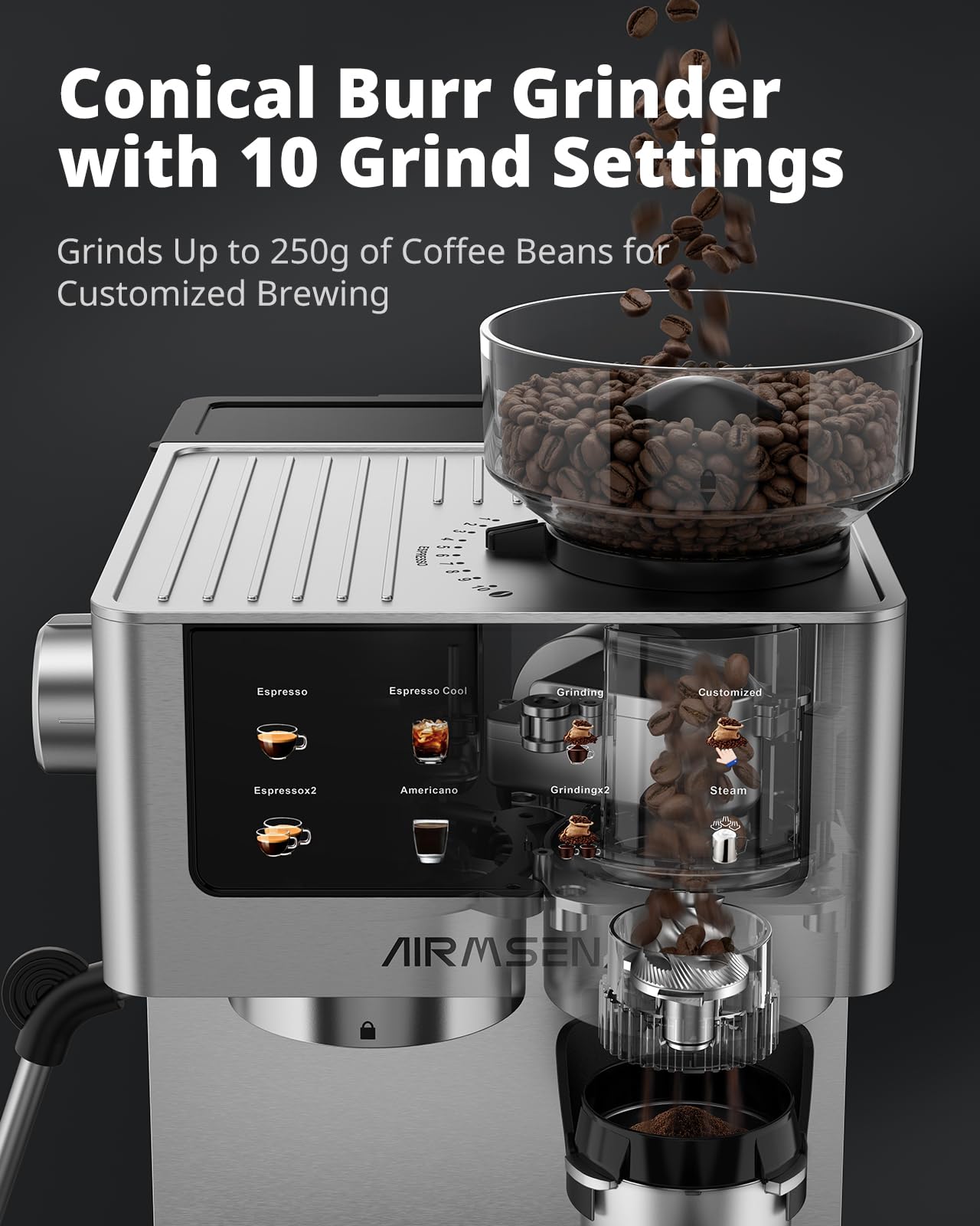 AIRMSEN Espresso Machines with Burr Grinder, 20 Bar, Milk Frother Steam Wand, Stainless Steel Coffee Maker for Home - Cappuccino Latte & ​​Cold Brew​​ Iced Coffee Maker & Americano - 4