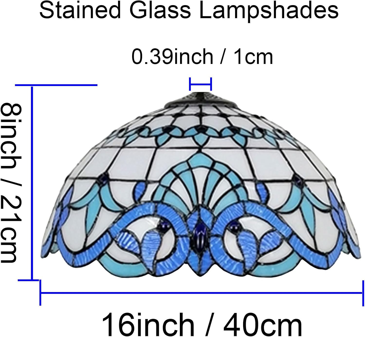 Baroque Stained Glass Lampshades Tiffany Lamp Shade 16" Wide Accessories Replacement Only with Cap Vintage Blue White Light Cover for Table Lamp Pendant Light Floor Lamp Ceiling Fixture,White