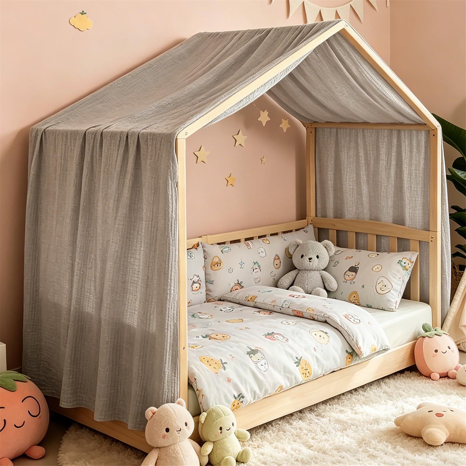 Ginkago Baldachin 100% Coton pour Chambre d’Enfant Ciel de Lit pour Lit Cabane & Lit Enfant Rideaux comme Décoration pour Fille et Garçon Gain de Place pour Petites Pièces Bed Canopy (Gris Clair)