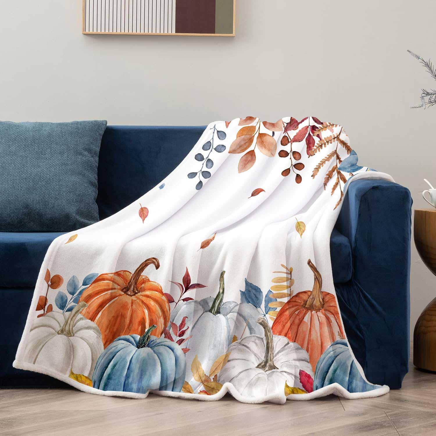 Fall Pumpkin Throw Blankets, Thanksgiving Autumn Harvest Leaves Floral Watercolor Seasonal Flannel Warm Soft Bed Couch Blanket, White Fleece Throws to Decorate The Room and Bedroom 50X60 - Image 2