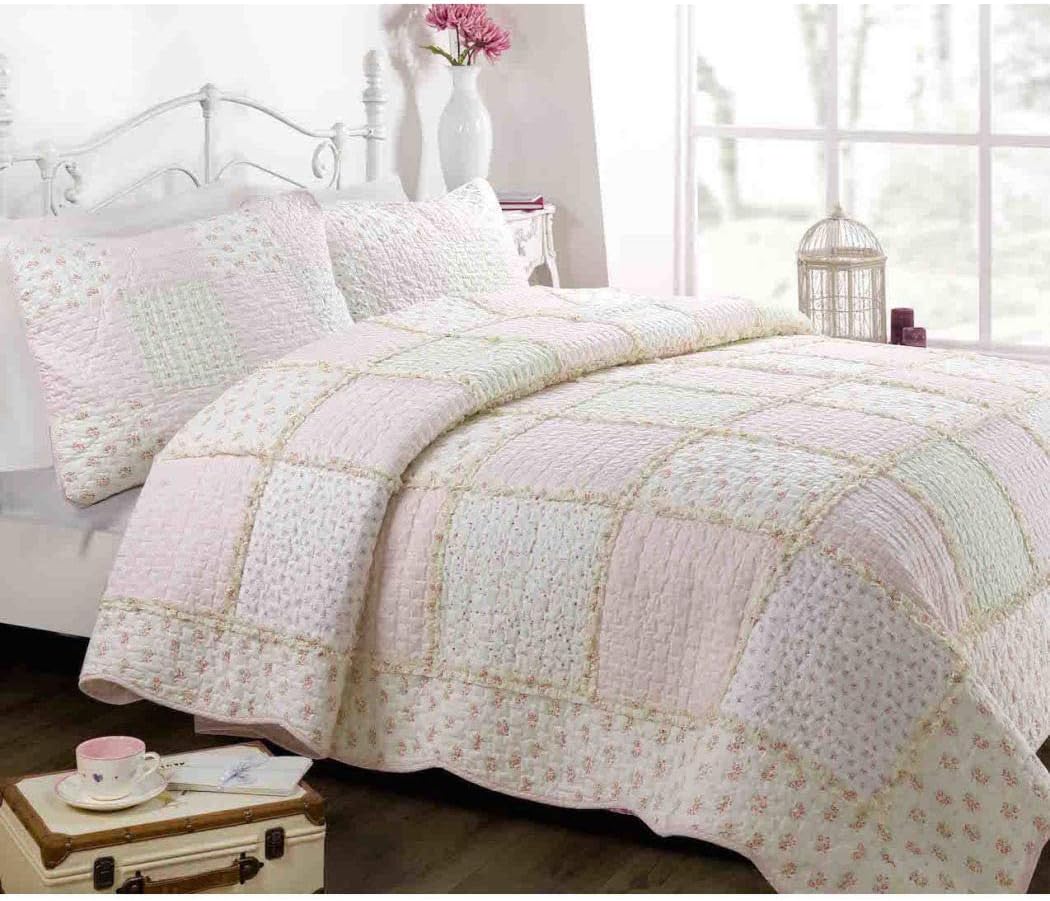 HT 2 Piece Light Peach Coral Floral Patchwork Quilt Set Twin, Multi Green Pink Flower Printed Boho Chic Teen Themed Kids Bedding for Bedroom French Country Shabby Chic Colorful Modern, Cotton