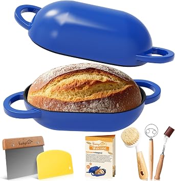 Enameled Cast Iron Oval Bread Oven with Non-Stick Silicone Liner, 2QT, Blue, Mini Oval Homemade Sourdough Dutch Oven with Lid, Artisan Bread Loaf Pan for Homemade Bread Five-Years Free Replacement