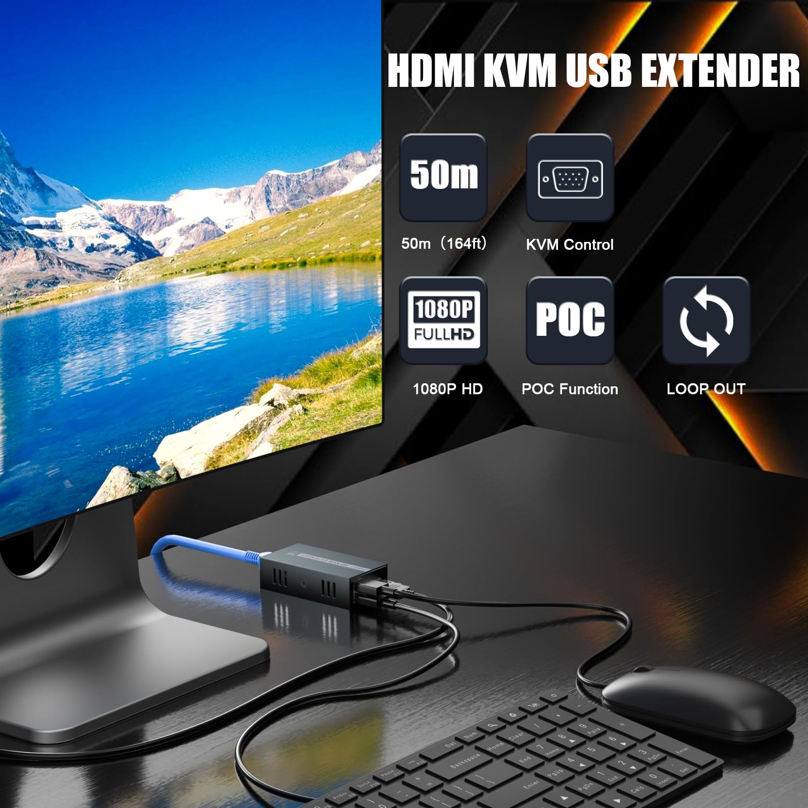 Rallonge USB HDMI KVM 164 pieds/50M L'adaptateur HDMI Ethernet RJ45 transmet la Full HD 1080P via un seul Cat5e/6/7, prend en charge la sortie en boucle 3D USB1.1 POC