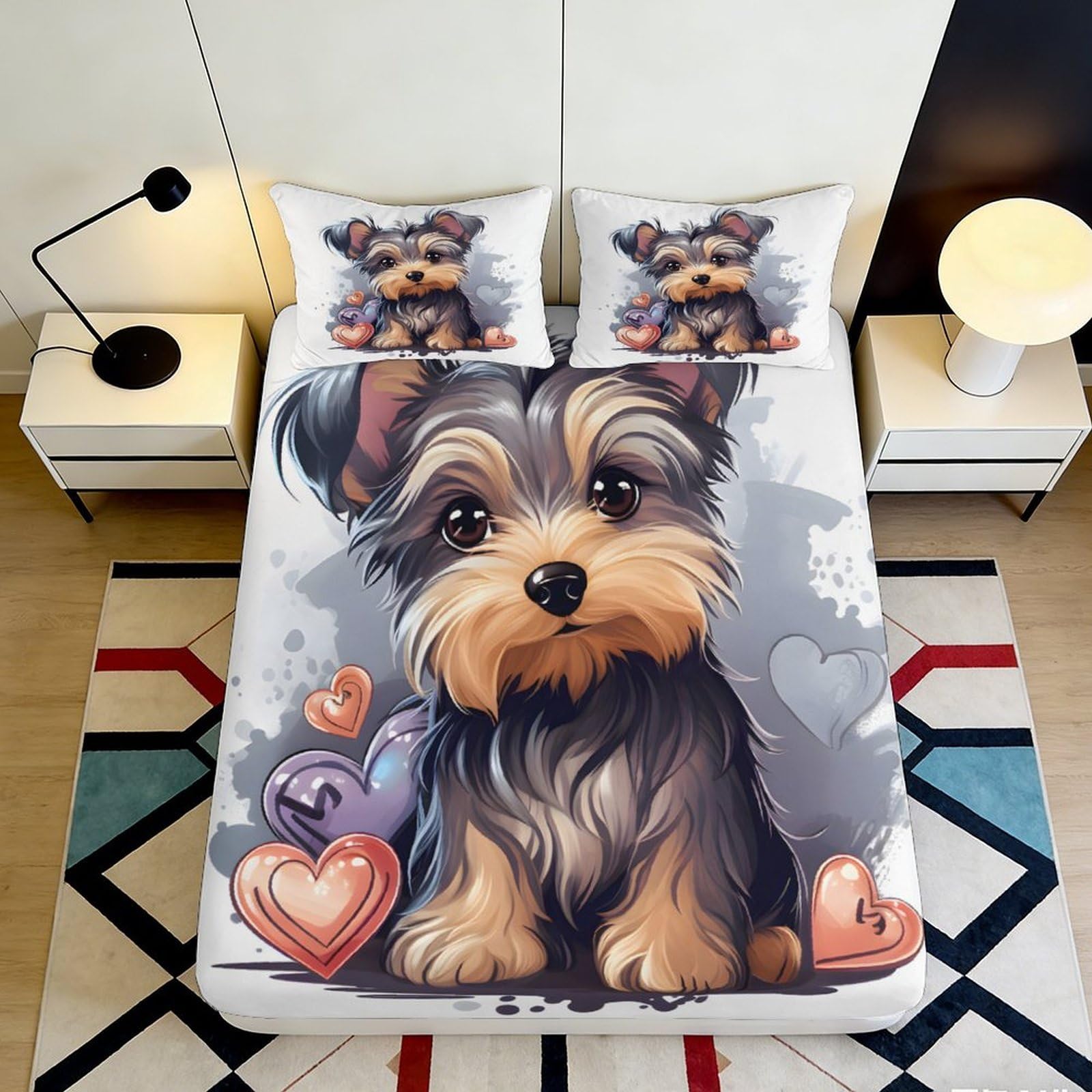 3D Printed Yorkshire Terrier Fitted Sheet Microfiber Cute Dog Bed Cover for Bedroom Dorm Mattress Protection Decor 90x200x25cm