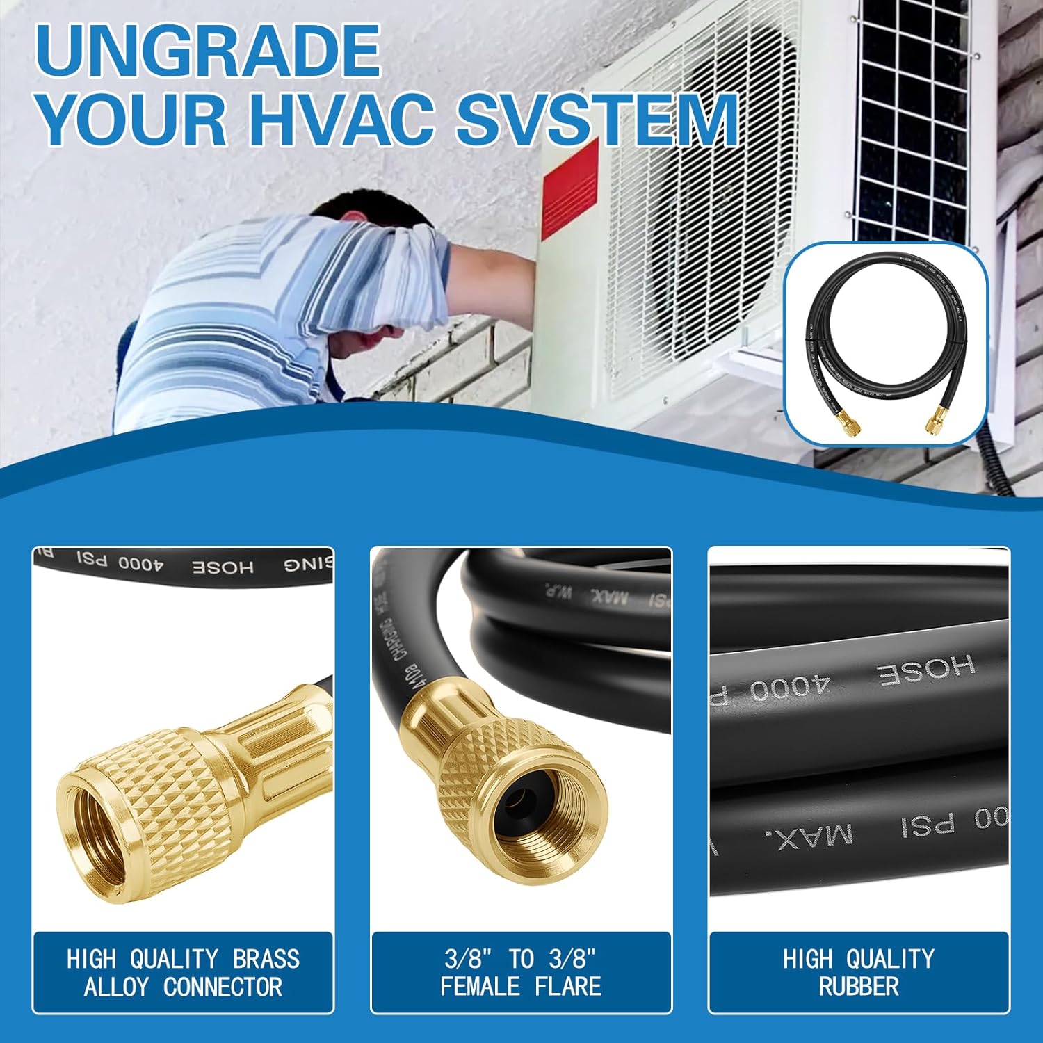 2026 Upgraded HV1-3/8" HVAC Vacuum Hose,Standard 3/8"×3/8" Flare Fittings,6 Ft,Working Pressure:800 (Psi),Burst Pressure:4000 (Psi),Refrigerant Charging Hose,Faster HVAC Evacuation and Recovery,Black