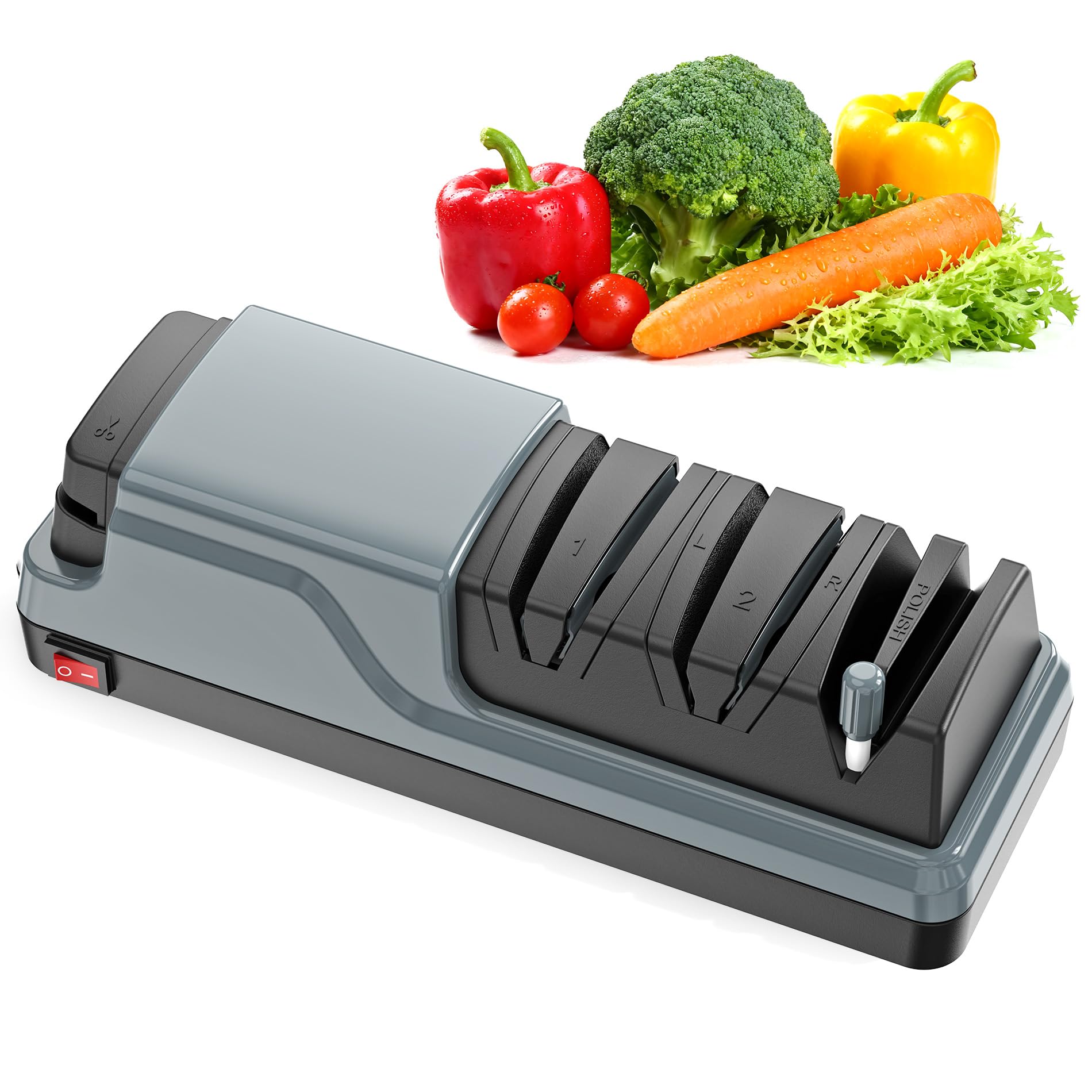 Affilacoltelli Elettrico Multifunzione 5 in 1, Affilacoltelli Elettrico Professionale per l'Affilatura e la Lucidatura, Coltelli da Cucina e Forbici per un Ripristino Rapido, Grigio scuro