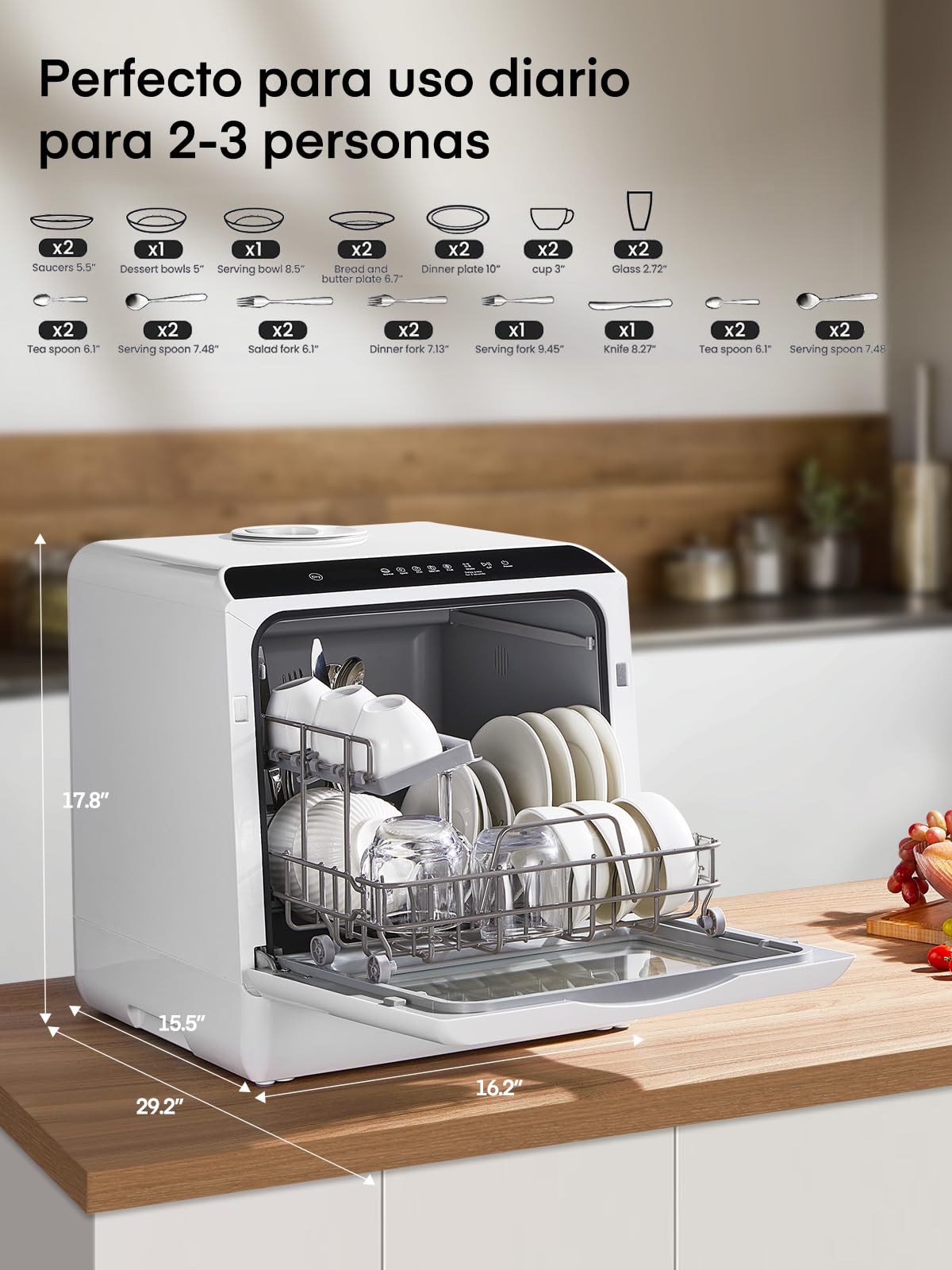 Mini Lavavajillas de Sobremesa con 5+1 Programas, Inicio Diferido 1–6h, Depósito de 5 Litros, 2 Formas de Suministro de Agua, Control Táctil y Pantalla LED, Ideal Para Cocinas y Autocaravanas