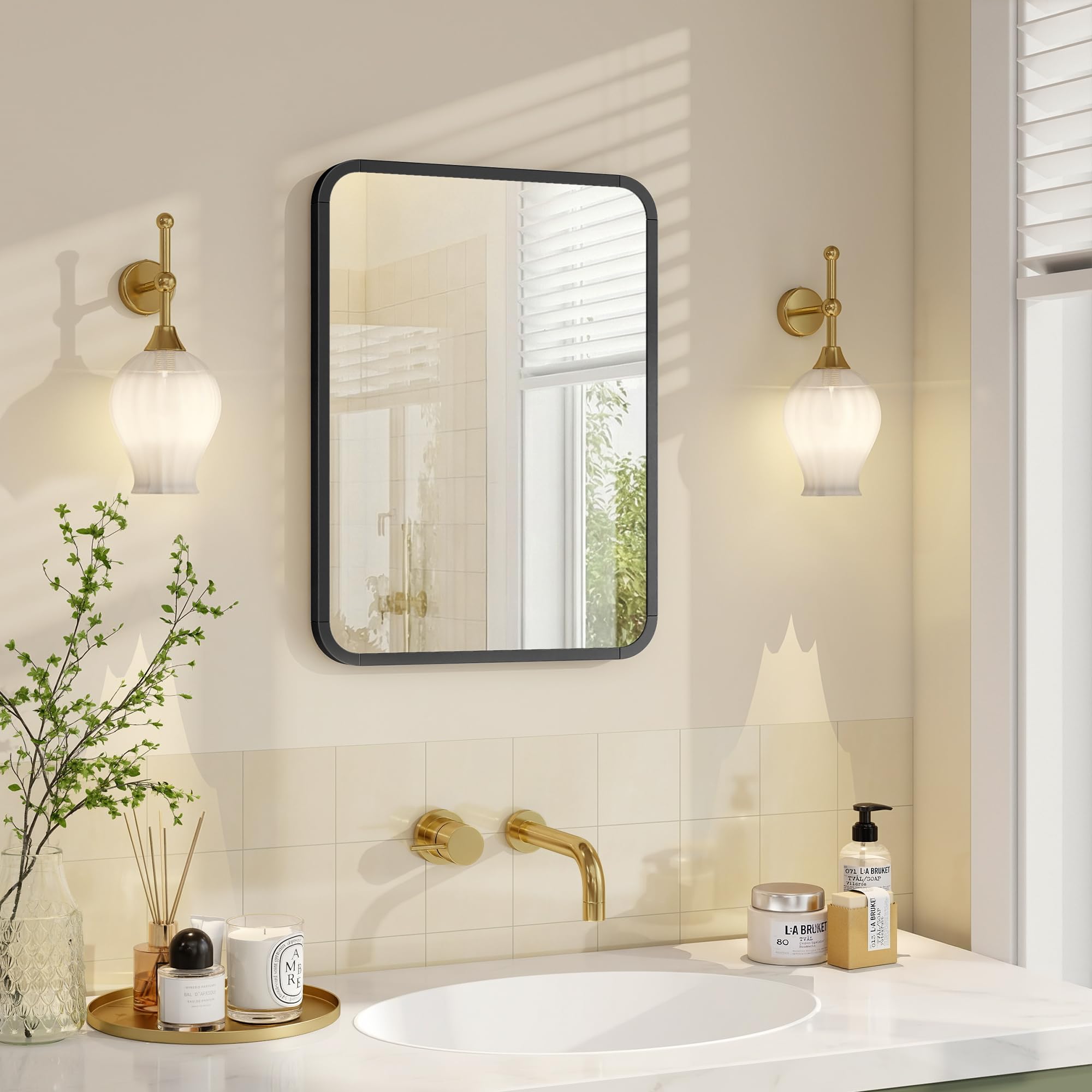 SONGMICS Bathroom Mirror, Wall Mounted Vanity Mirror, Rectangular, Aluminium Frame, 40 x 30 cm, with Safety Film, 2 Mounting Options, for Living Room, Bedroom, Bathroom, Ink Black LWM012BD01