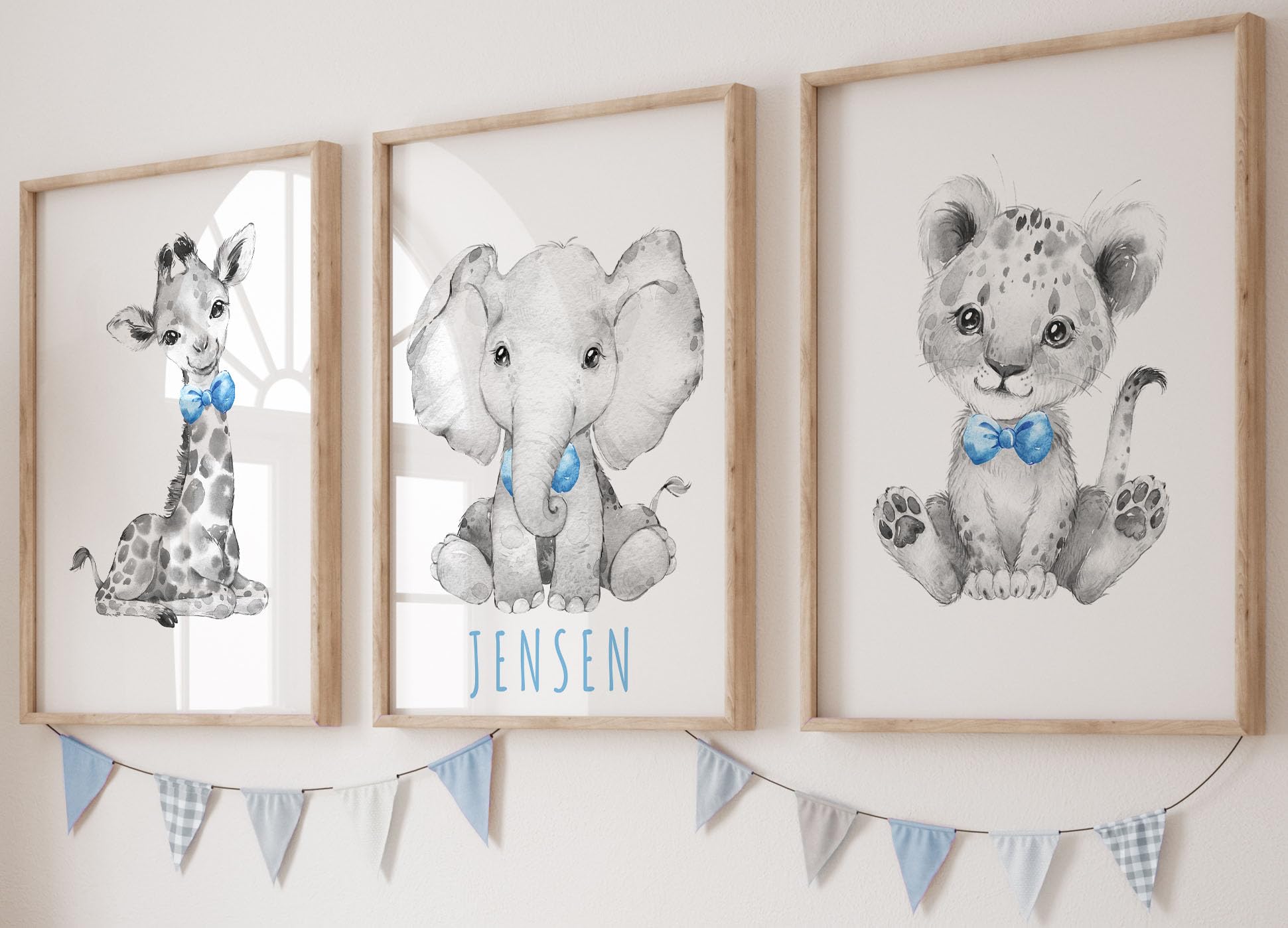 Eviepops Prints Safari Animals Baby Boys Nursery Bedroom Prints Unframed Set of 3 with Personalised Name, Wall Art Decor Gift Present in Grey Blue Green Yellow, Giraffe Elephant Lion (A4)
