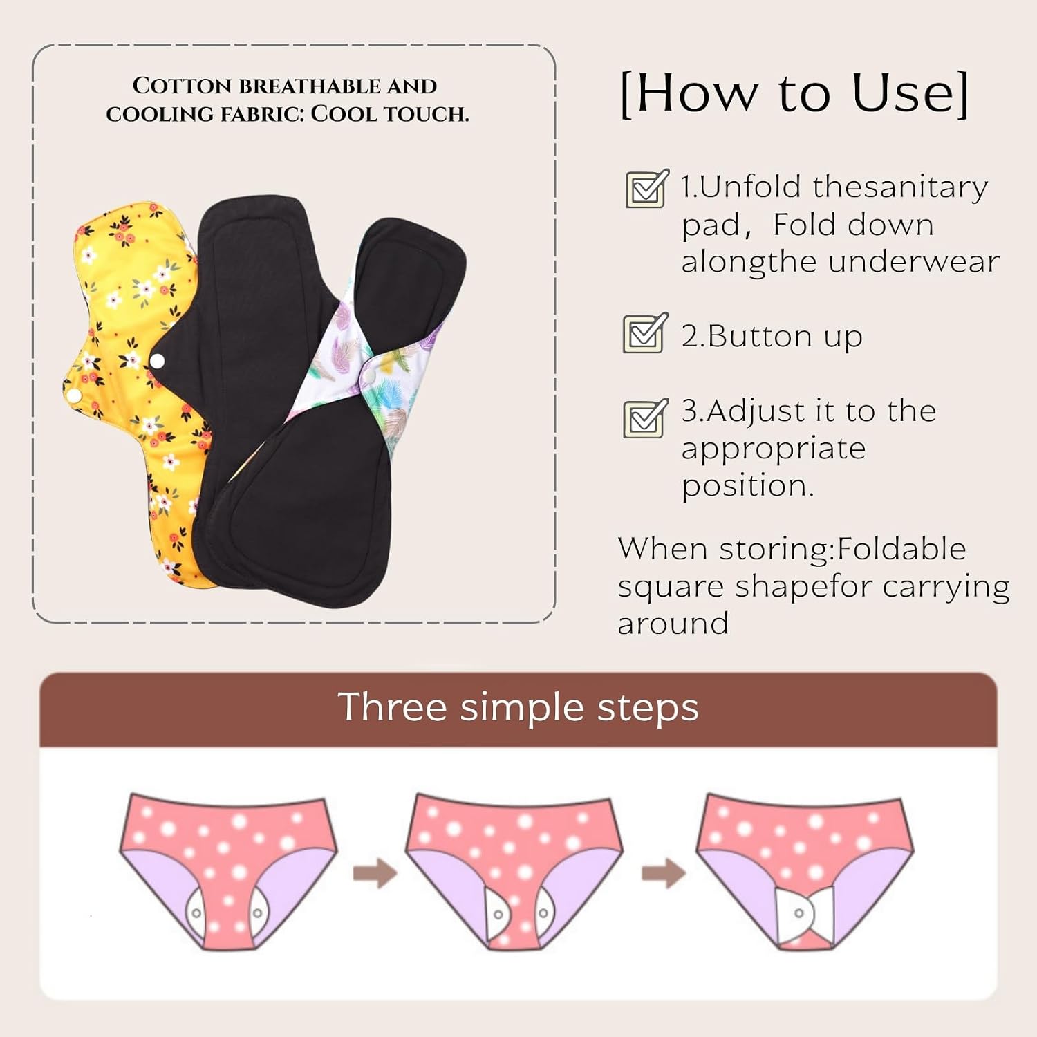 Washable Menstrual Pads with Wings,Sanitary Napkins,Pack of 6+1 Storage Bag,Soft Breathable Cotton Liners