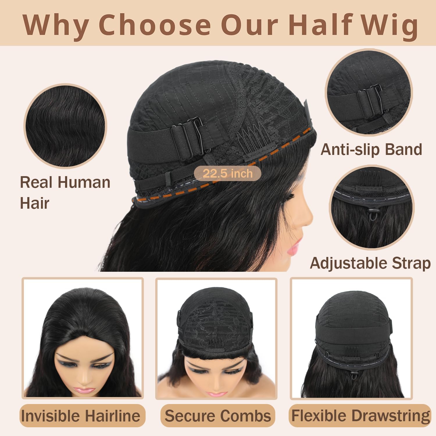 Body Wave Human Hair Half Wig 200% Density 3 in 1 Beginner Friendly Glueless Wear and Go Flip Over Drawstring Headband Wig for Women 18 Inch