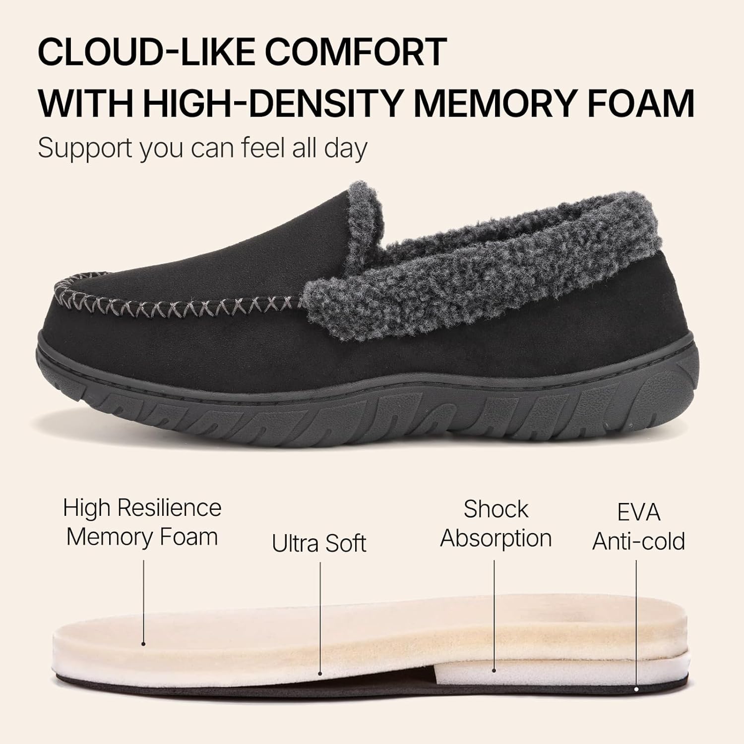 ATHMILE Men's Moccasin House Slippers, Memory Foam Arch Support, Plush Fuzzy Lining, Non-Slip Rubber Sole for Indoor/Outdoor Winter Comfort - Image 5