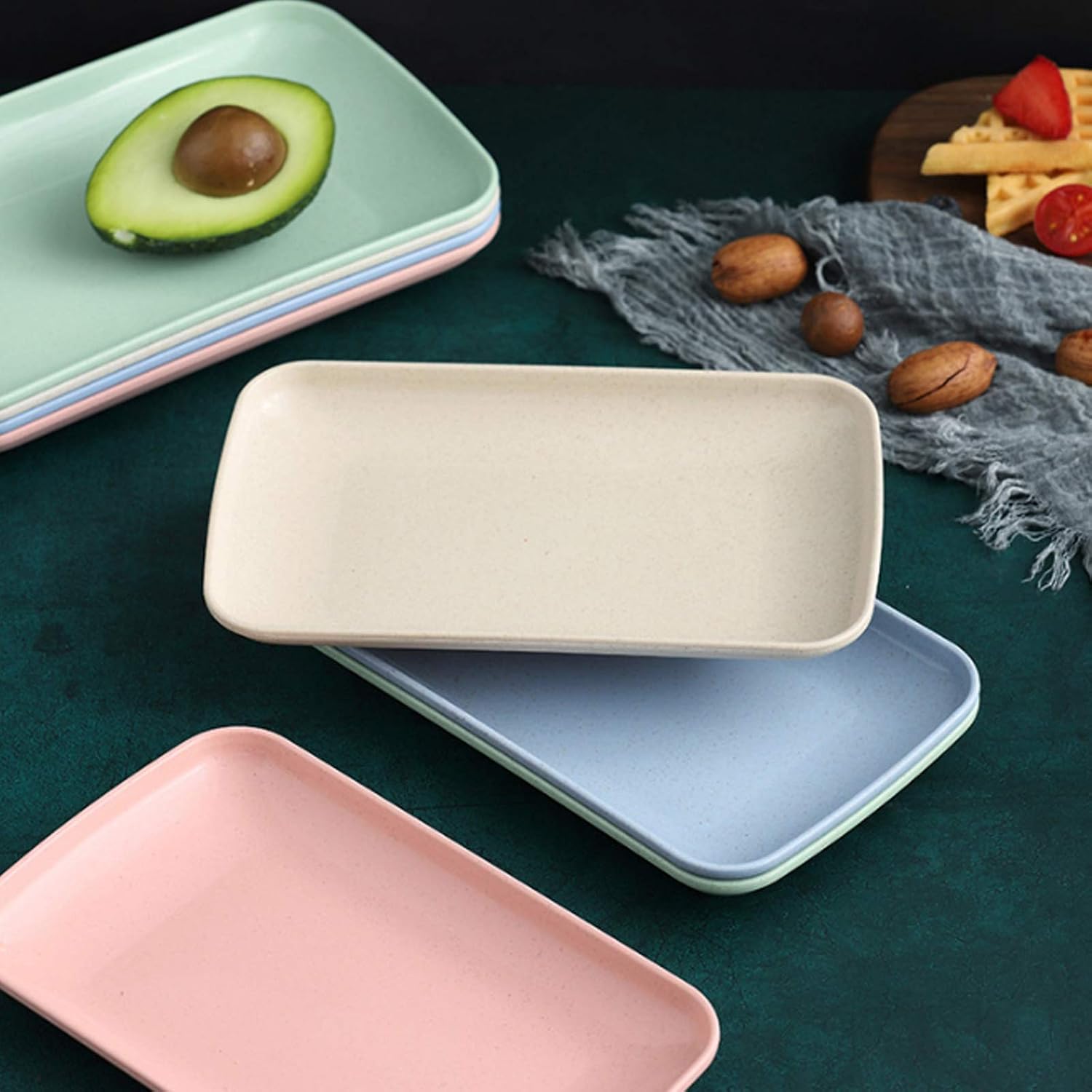 Set of 4 Wheat Straw Plates Dessert Plates Fruit Dish for Dessert Cupcake Salad Steak Home and Kitchen Decor (4 Pcs Rectangle)