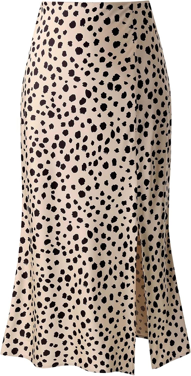 Keasmto Leopard Print Skirt for Women Cheetah High Waist Silk Satin Elasticized Skirts