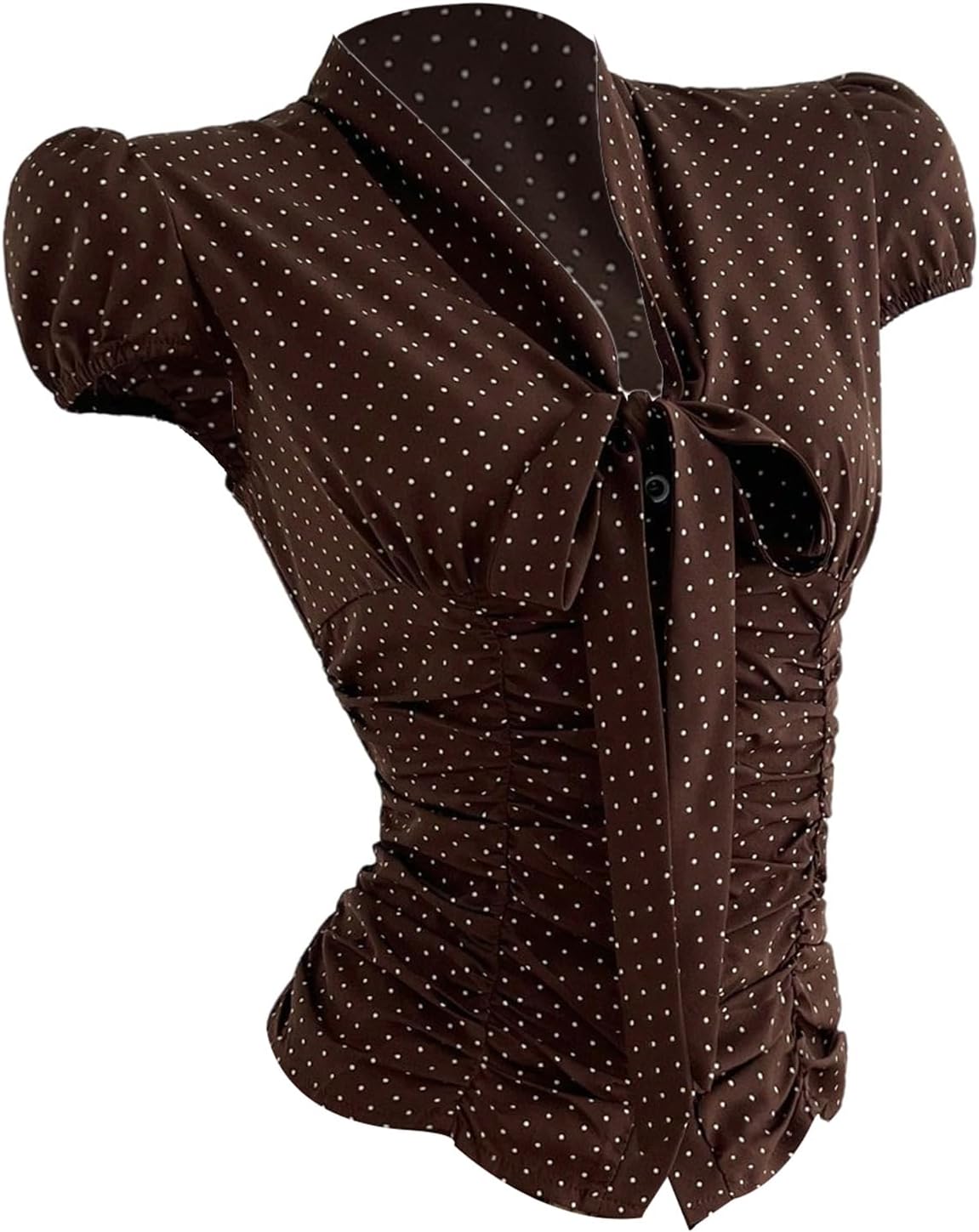MakeMeChic Women's Polka Dots Shirt Tie Button Down Shirt Ruched Cap Puff Sleeve Blouse Tops