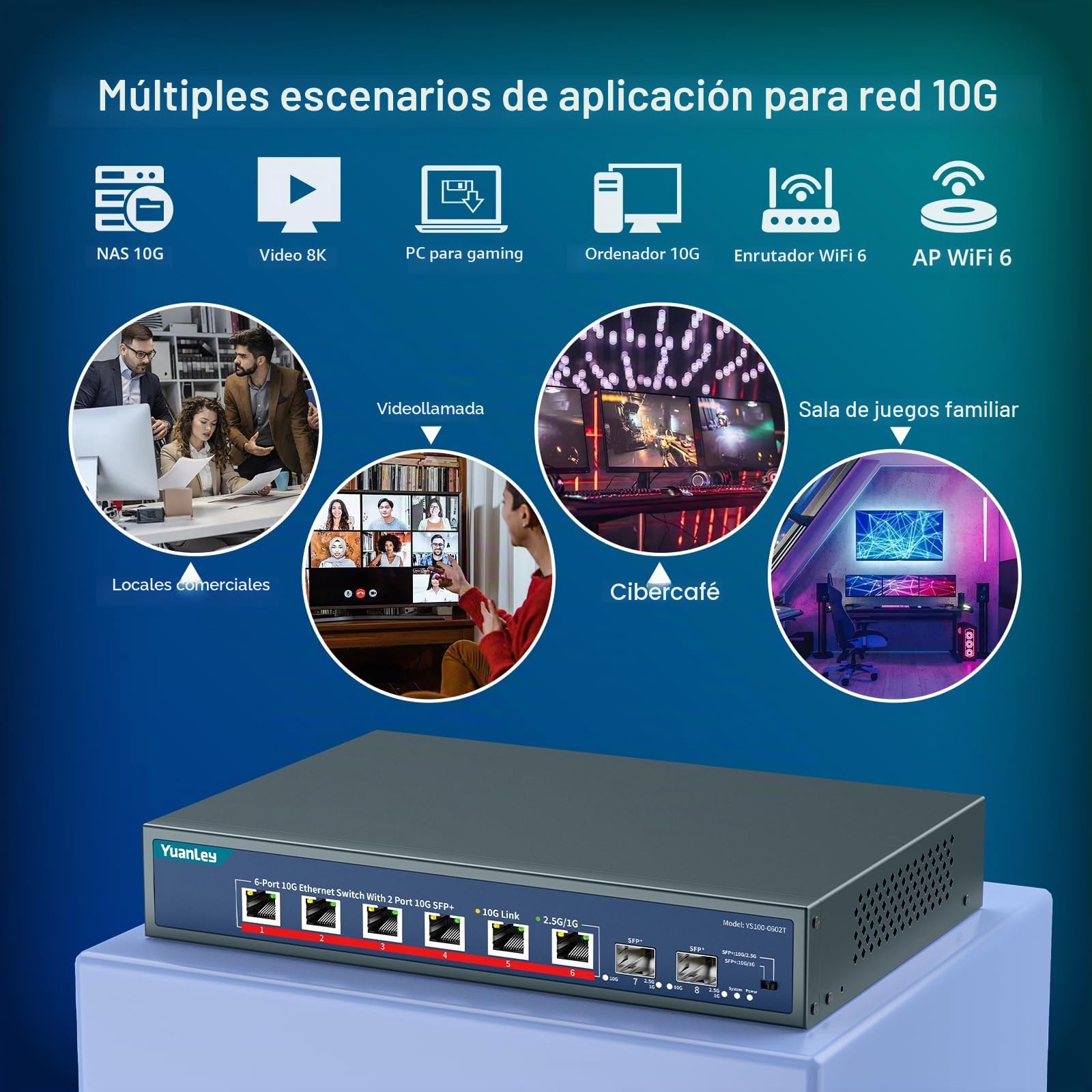 Switch Ethernet 10G de 8 Puertos YuanLey, 6 Puertos RJ45 de 10Gbps, 2 Puertos SFP+ 10Gbe, Compatible con Auto-negociación de Velocidad 10G/5G/2.5G/1G/100Mbps, Capacidad 160Gbps, Sin Gestión