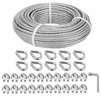 30m 5mm Wire Rope Kit, Galvanized Steel Wire Rope Cable with 20pcs M5 Clamps & 10pcs Thimbles, 7x7 Strands Steel Cable for Garden, Outdoor String Lights Hanging, Fencing,Garage Door Cable
