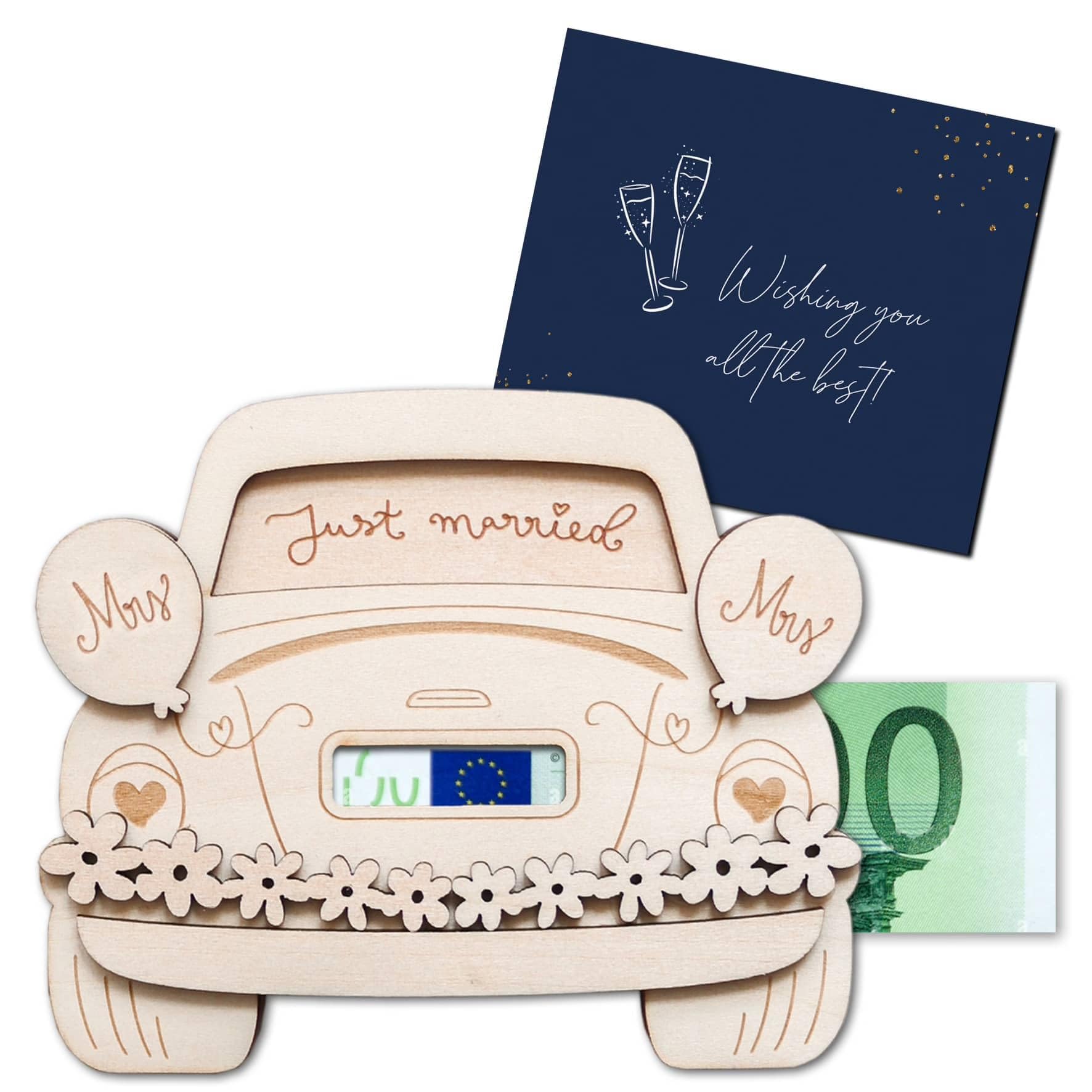 JoliCoon Regalo de Dinero para Boda Mrs Mrs, para Las Novias | Cuatro capas de madera, hasta 3 billetes plegados, caja rígida con cierre magnético, grabado preciso, reverso para escribir