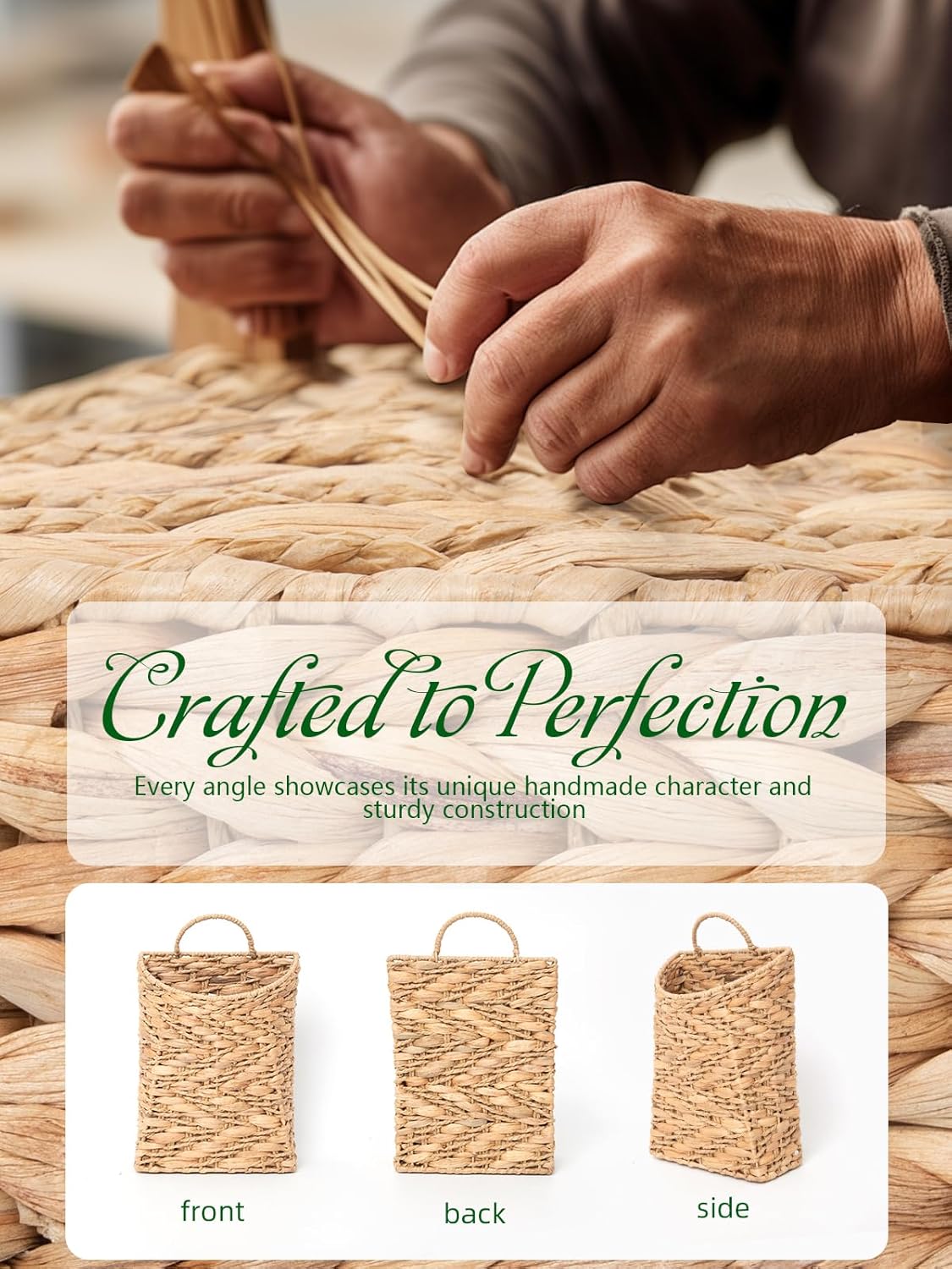 VerdantVibes Handwoven Wall Hanging Basket – Natural Water Hyacinth Basket for Boho Farmhouse Decor, Kitchen & Entryway Storage, Flower & Plant Display (9.8" H × 7.9" L × 3.1" W)