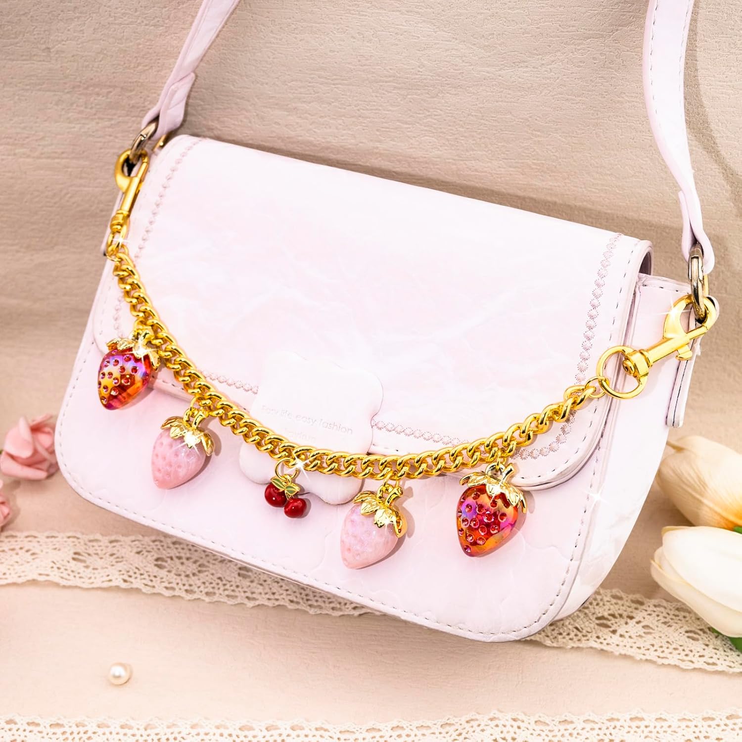 Strawberry Cherry Gold Bag Purse Chain Charms for Handbags Purses - Fruit Keychain Charm Purse Accessories for Women with Lobster Clasp - Image 2