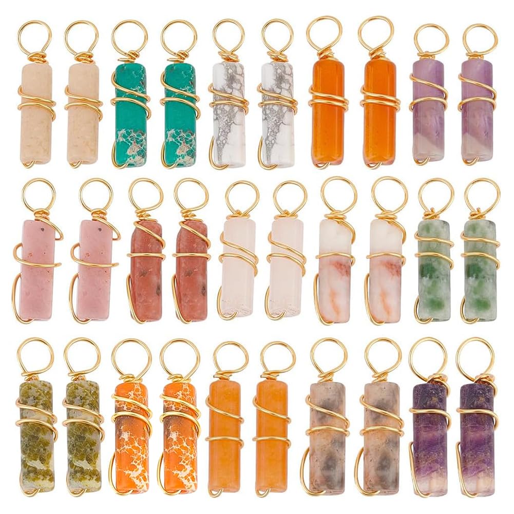 PH PandaHall 30pcs 15 Colors Natural Stone Pendants 20x4mm Colorful Crystal Stone Charms Pointed Quartz Gemstone Pendants Copper Wire Wrap Charms for