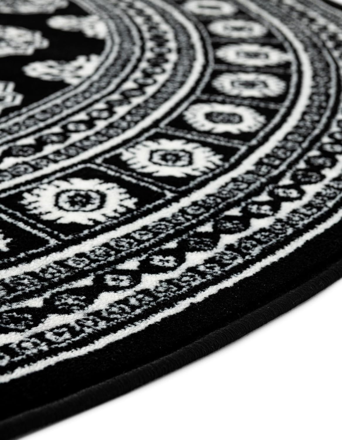 Rugs.com Bokhara Collection Rug – 6 Ft Round Black and White Medium-Pile Rug Perfect for Kitchens, Dining Rooms
