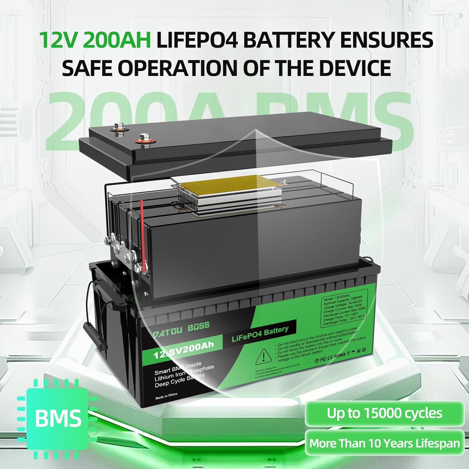 内部 view of DATOUBOSS LiFePO4 battery with BMS and cycle life information