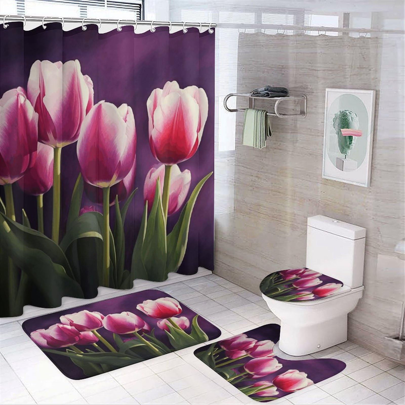 Rideau de douche imperméable et tapis antidérapants motif tulipes pour la douche